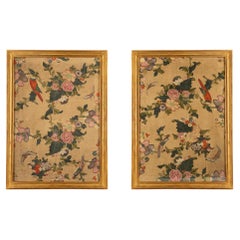 Pair of 18th Century Panels of Hand Painted Asian Silk