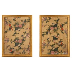 Antique Pair of 18th Century Panels of Hand Painted Asian Silk