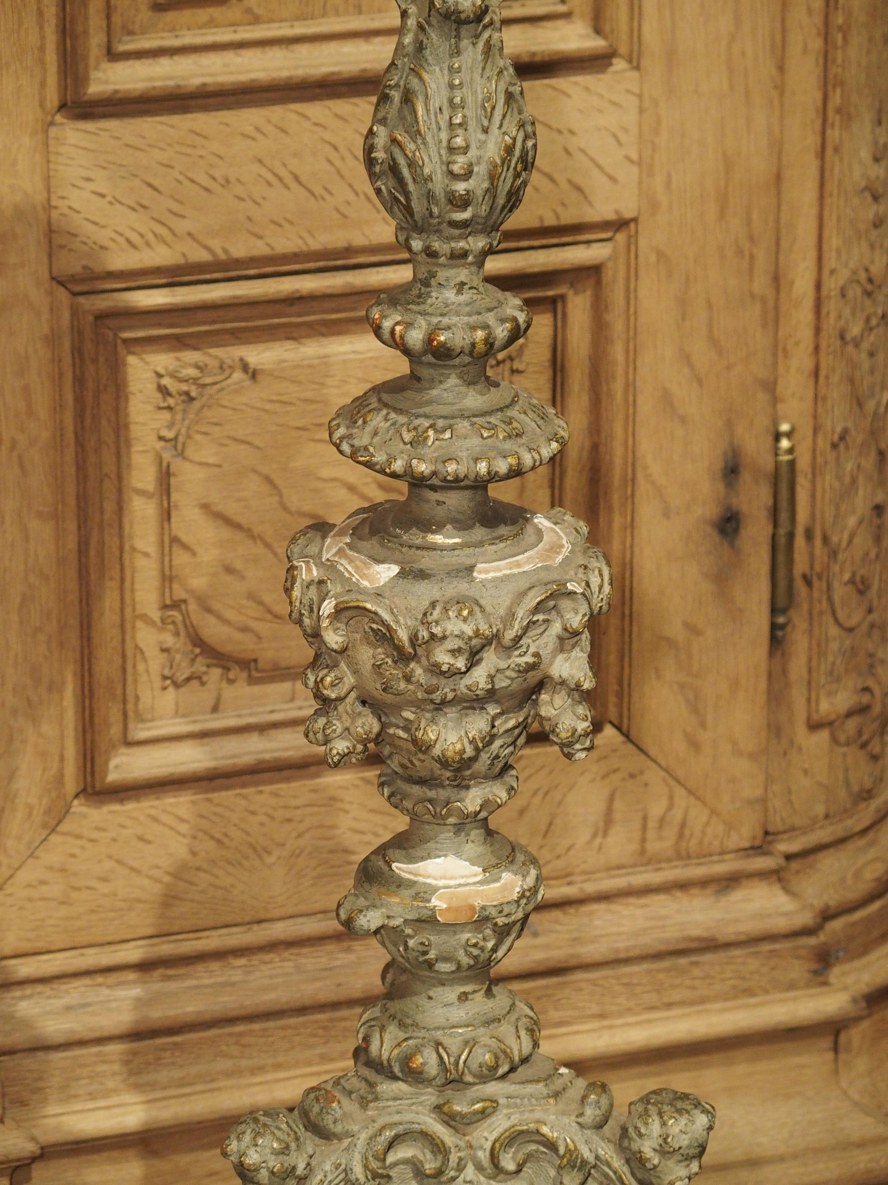 Pair of 18th Century Parcel Paint and Gilt Candlesticks from France 6