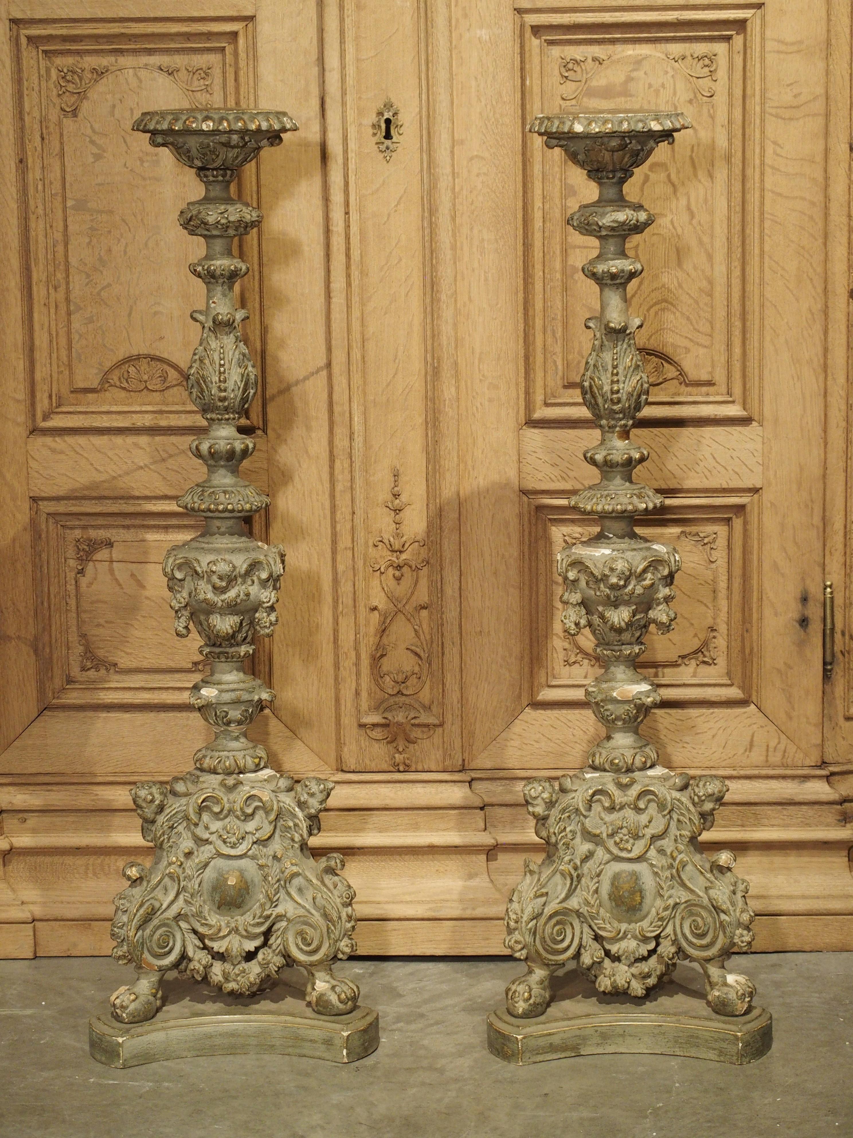 Pair of 18th Century Parcel Paint and Gilt Candlesticks from France 8