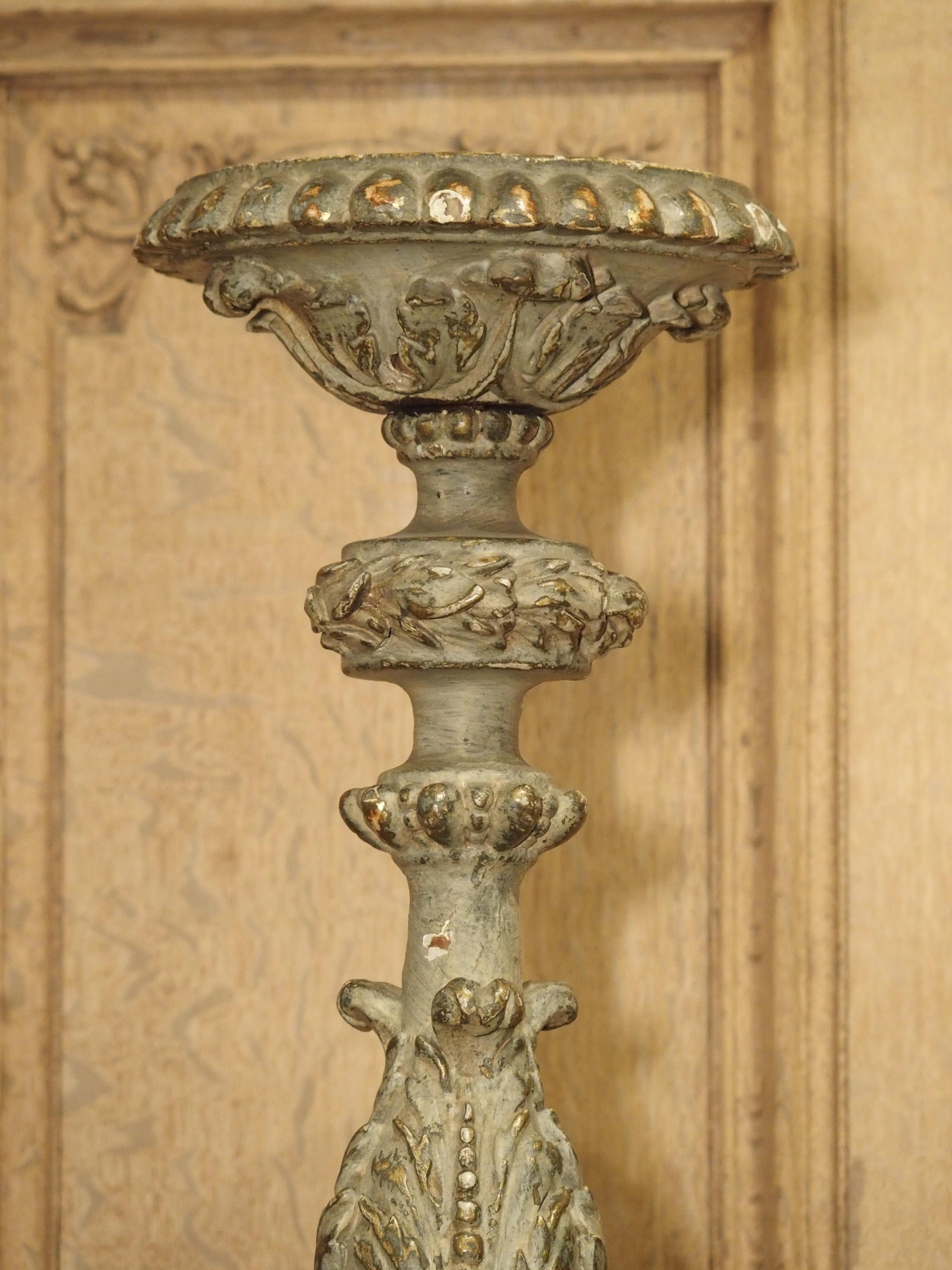 Pair of 18th Century Parcel Paint and Gilt Candlesticks from France 10