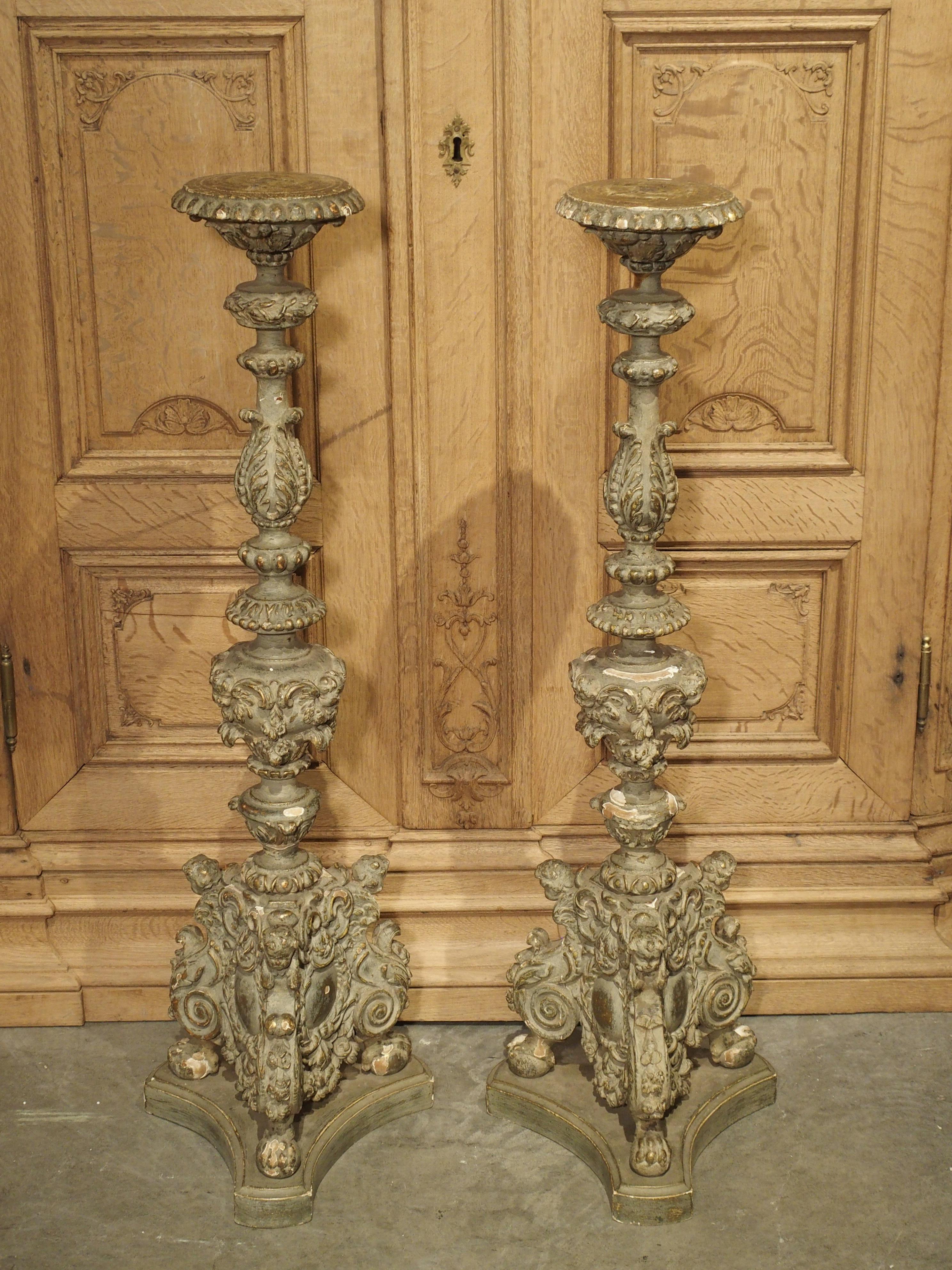 18th Century and Earlier Pair of 18th Century Parcel Paint and Gilt Candlesticks from France