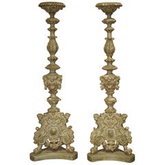 Antique Pair of 18th Century Parcel Paint and Gilt Candlesticks from France