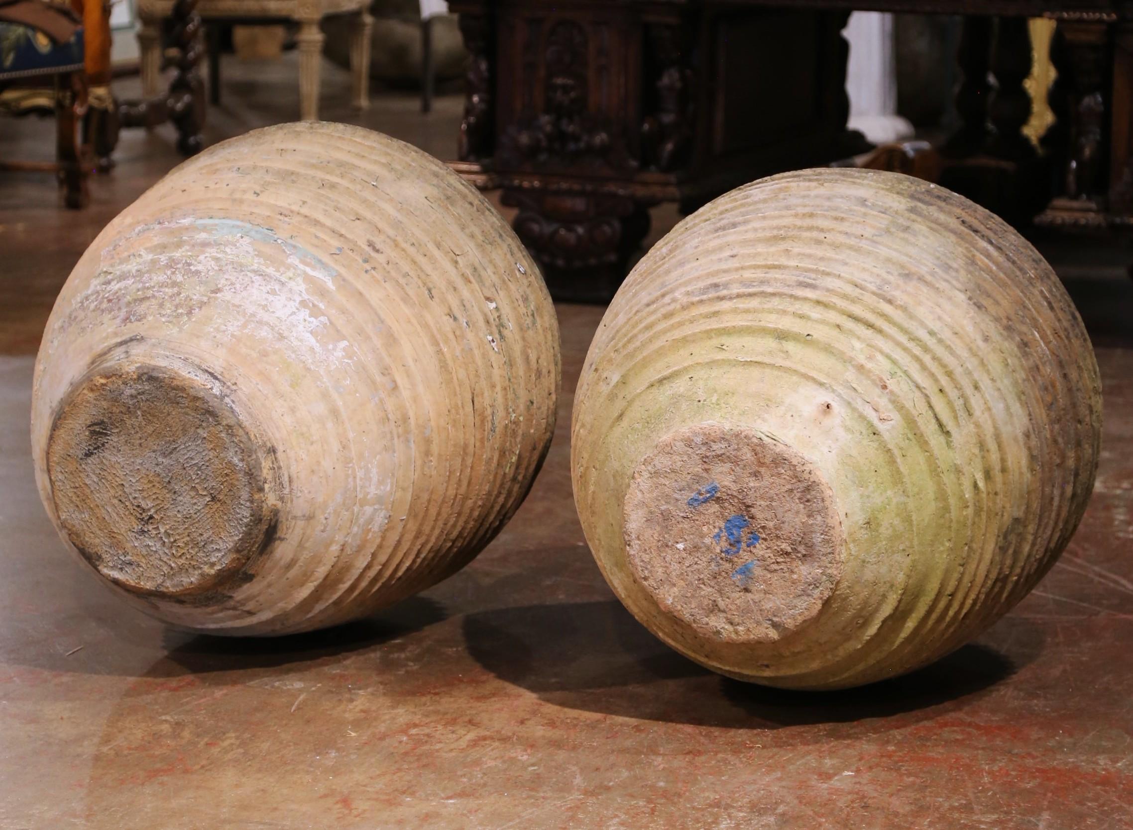 Pair of 18th Century Patinated Greek Terracotta Olive Jars with Ochre Glaze For Sale 10