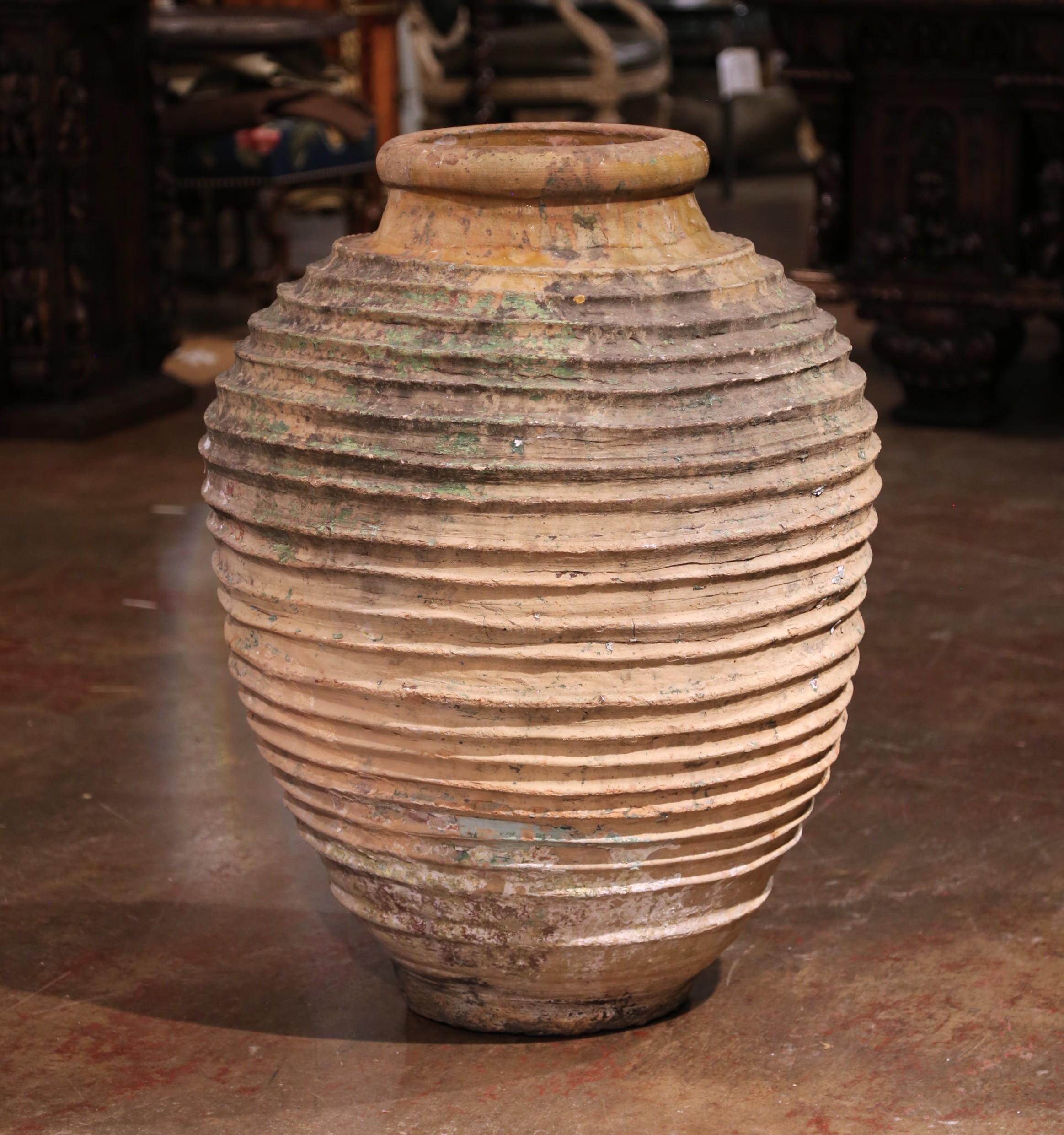 Pair of 18th Century Patinated Greek Terracotta Olive Jars with Ochre Glaze In Good Condition For Sale In Dallas, TX