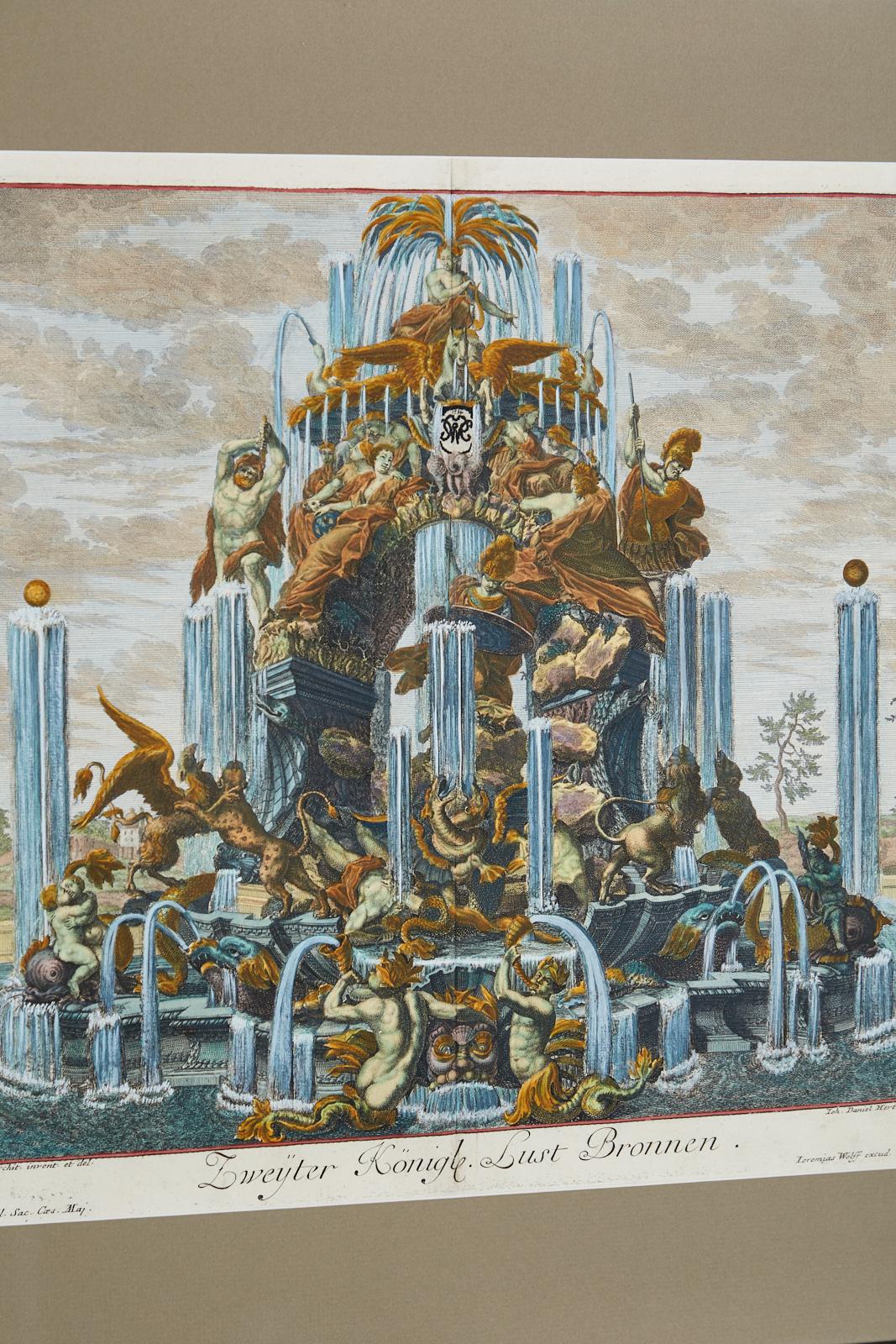 Papier Paire de gravures de scènes de fontaine de Paul Decker du 18ème siècle en vente