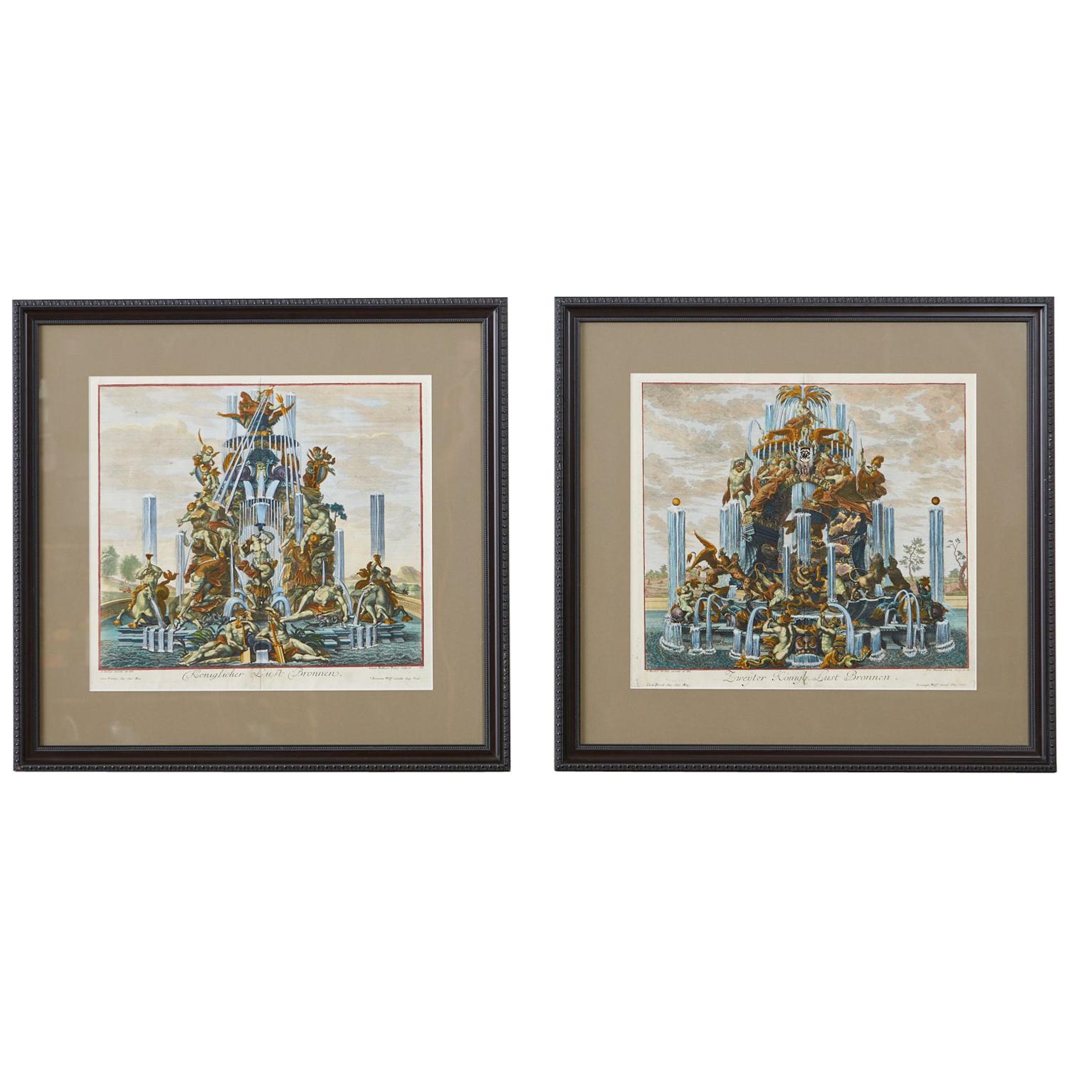 Pair of 18th Century Paul Decker Fountain Scenes Etchings For Sale