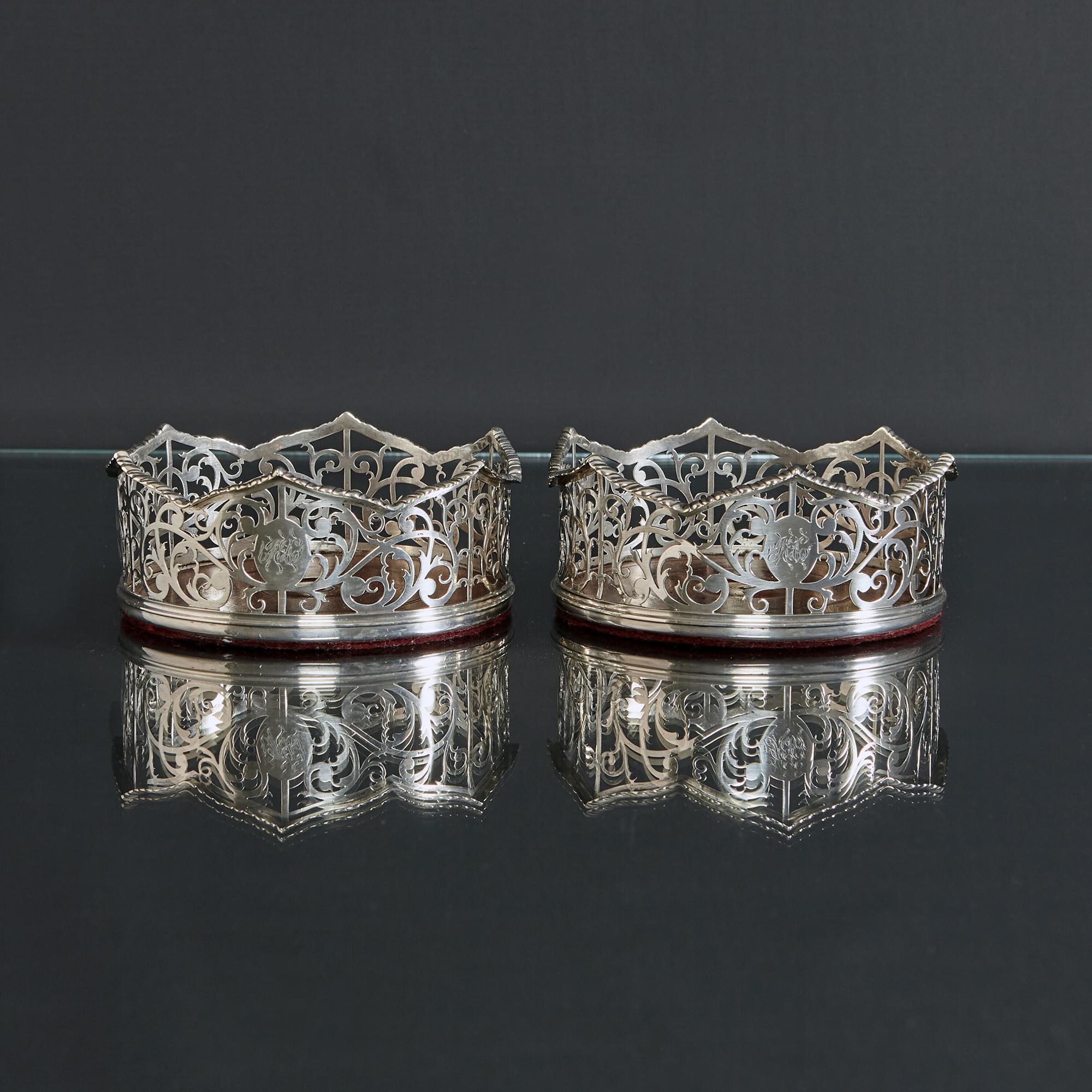 English Pair of 18th Century Pierced Silver Wine Coasters For Sale