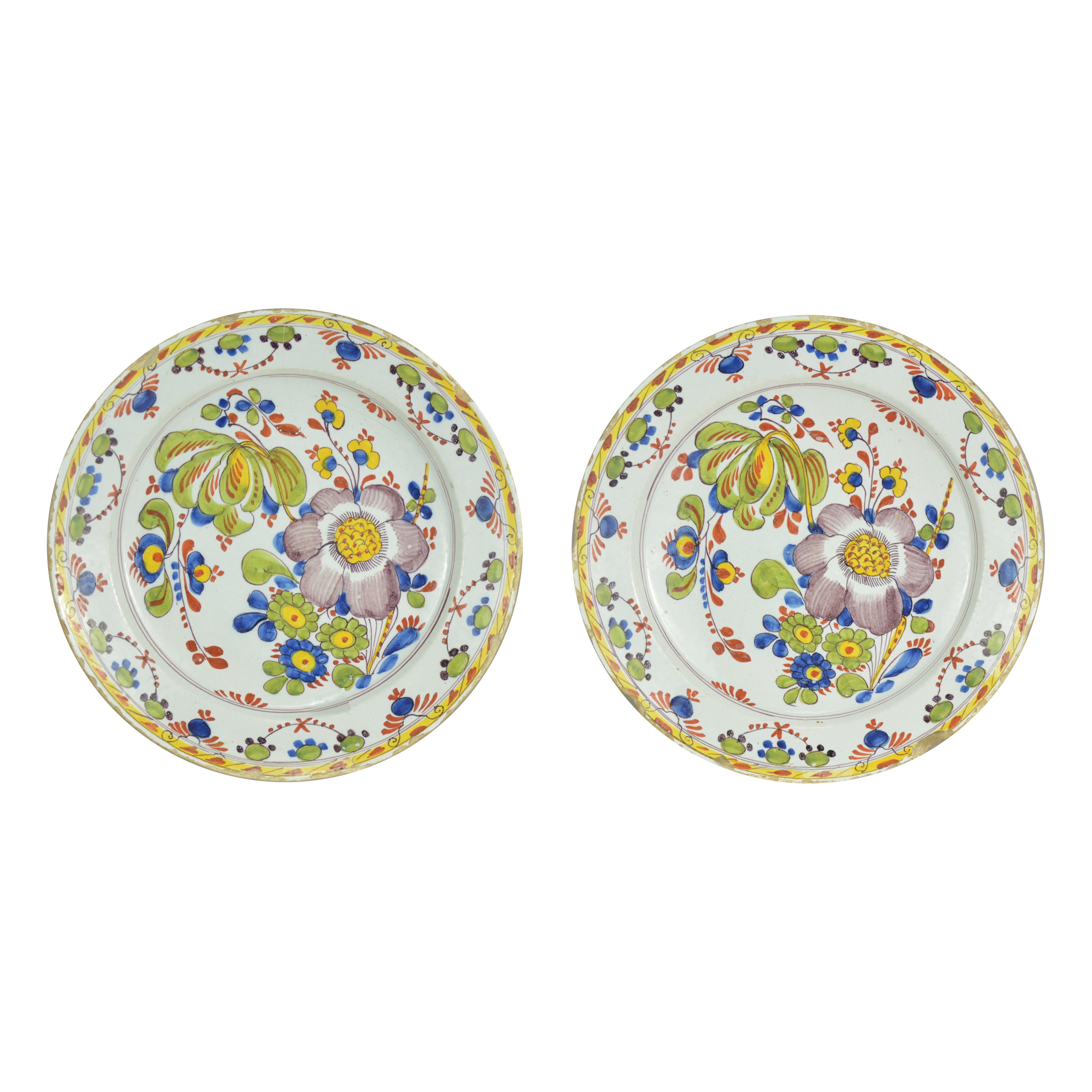 Pair of 18th Century Polychrome Delft Plates