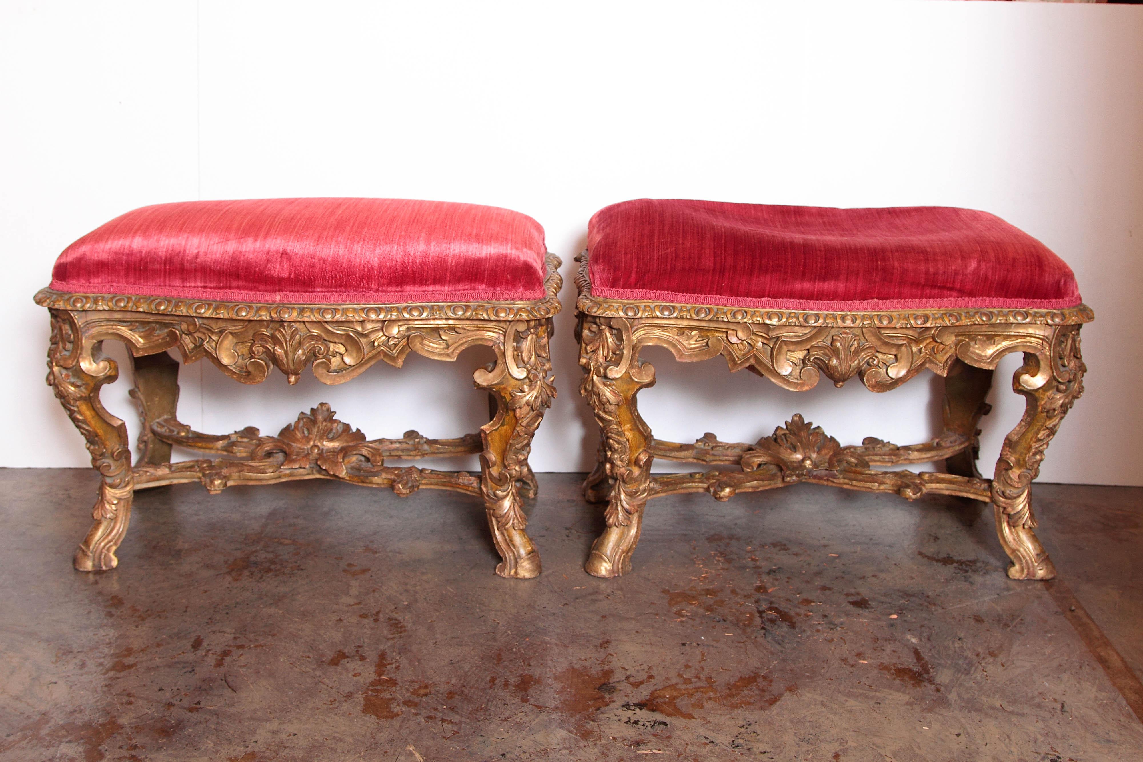 Régence Pair of 18th Century Regence Carved and Gilt Benches