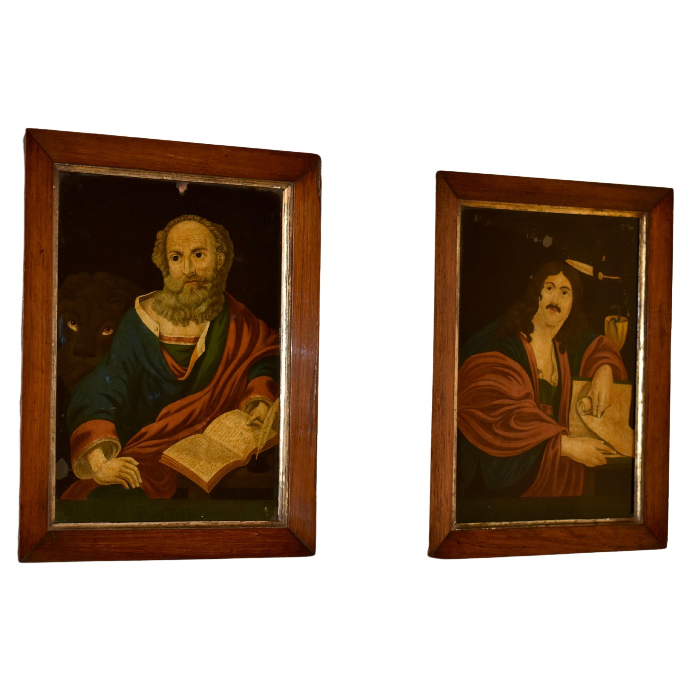Paire de peintures inversées sur verre du 18ème siècle en vente