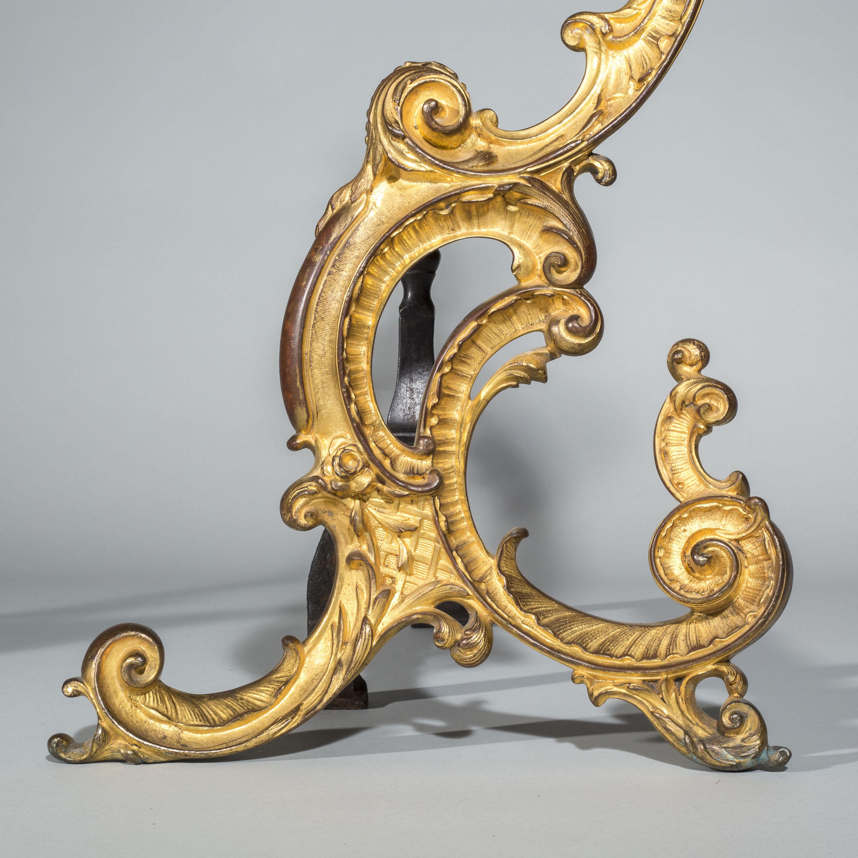 English Pair of 18th Century Rococo Gilt Bronze Andirons, Firedogs, Ormolu Chenets For Sale