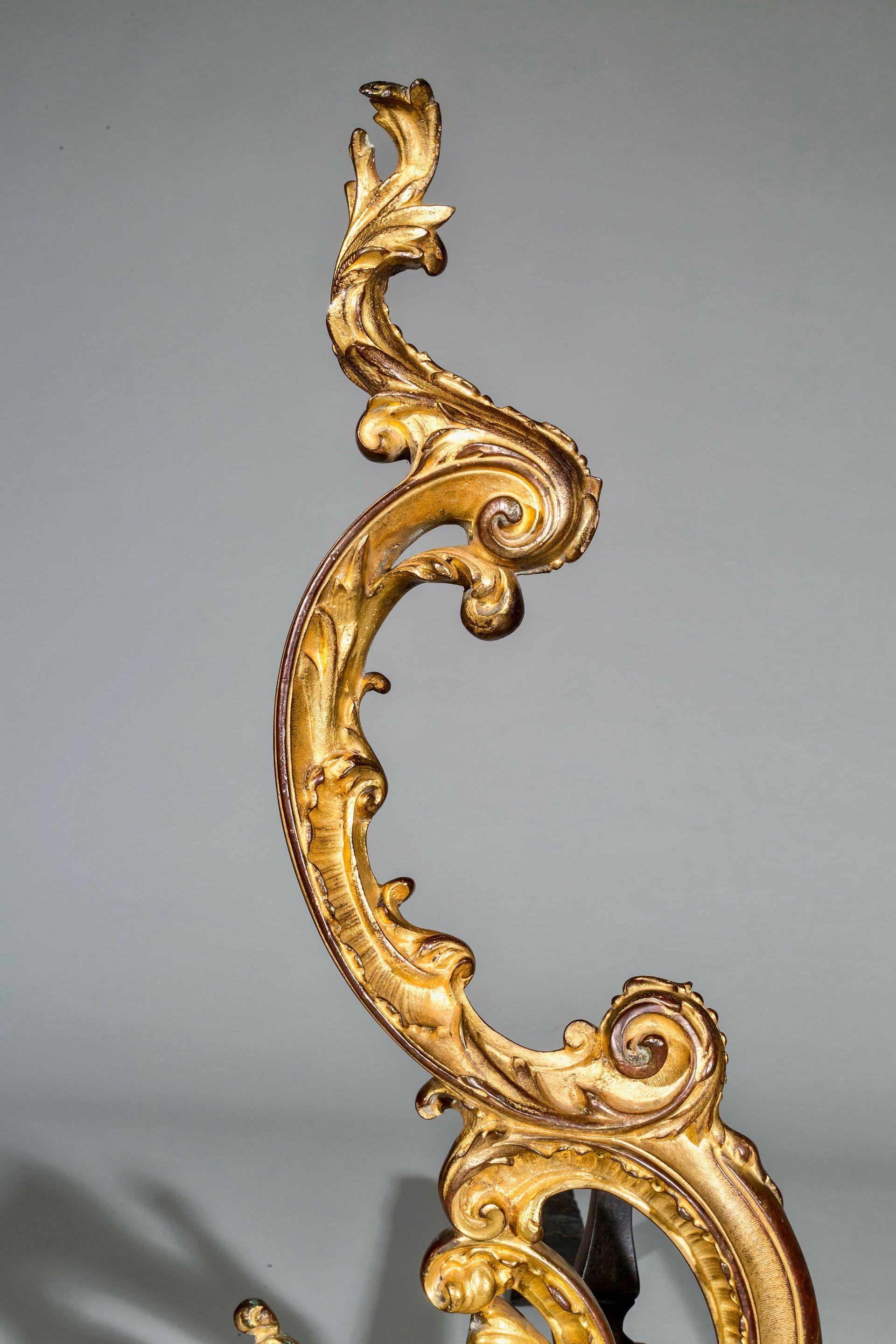 18th Century and Earlier Pair of 18th Century Rococo Gilt Bronze Andirons, Firedogs, Ormolu Chenets For Sale