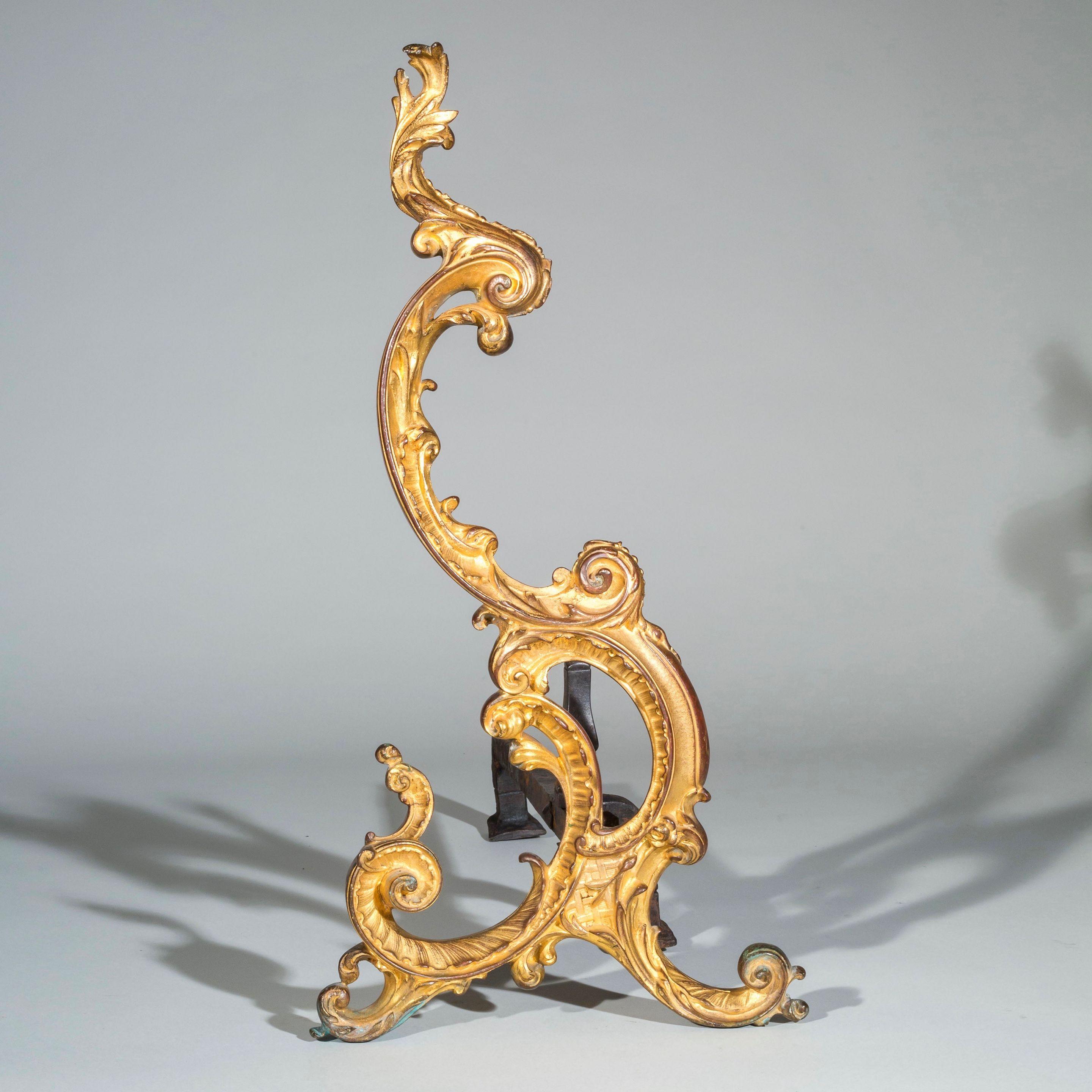 Pair of 18th Century Rococo Gilt Bronze Andirons, Firedogs, Ormolu Chenets For Sale 1