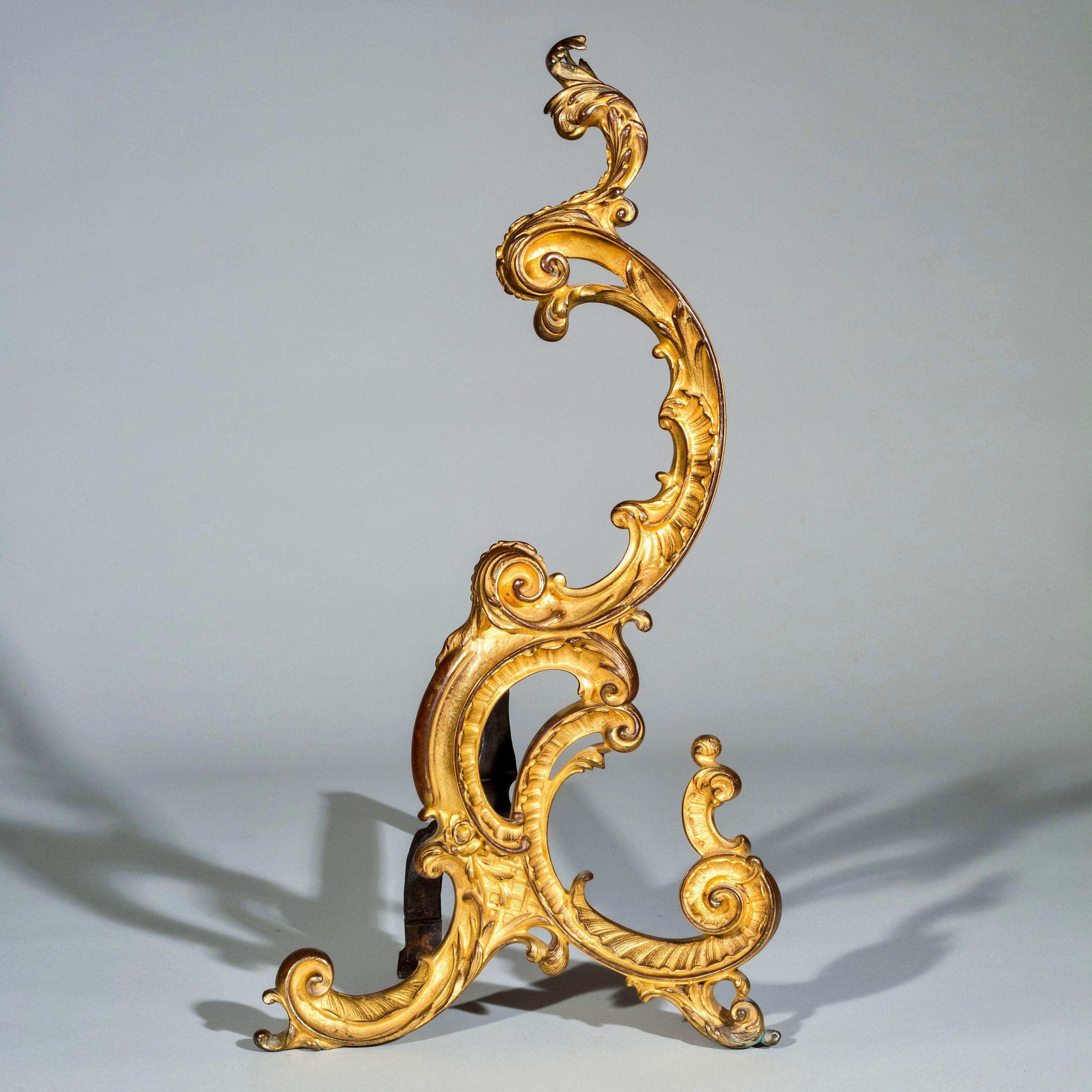 Pair of 18th Century Rococo Gilt Bronze Andirons, Firedogs, Ormolu Chenets For Sale 2