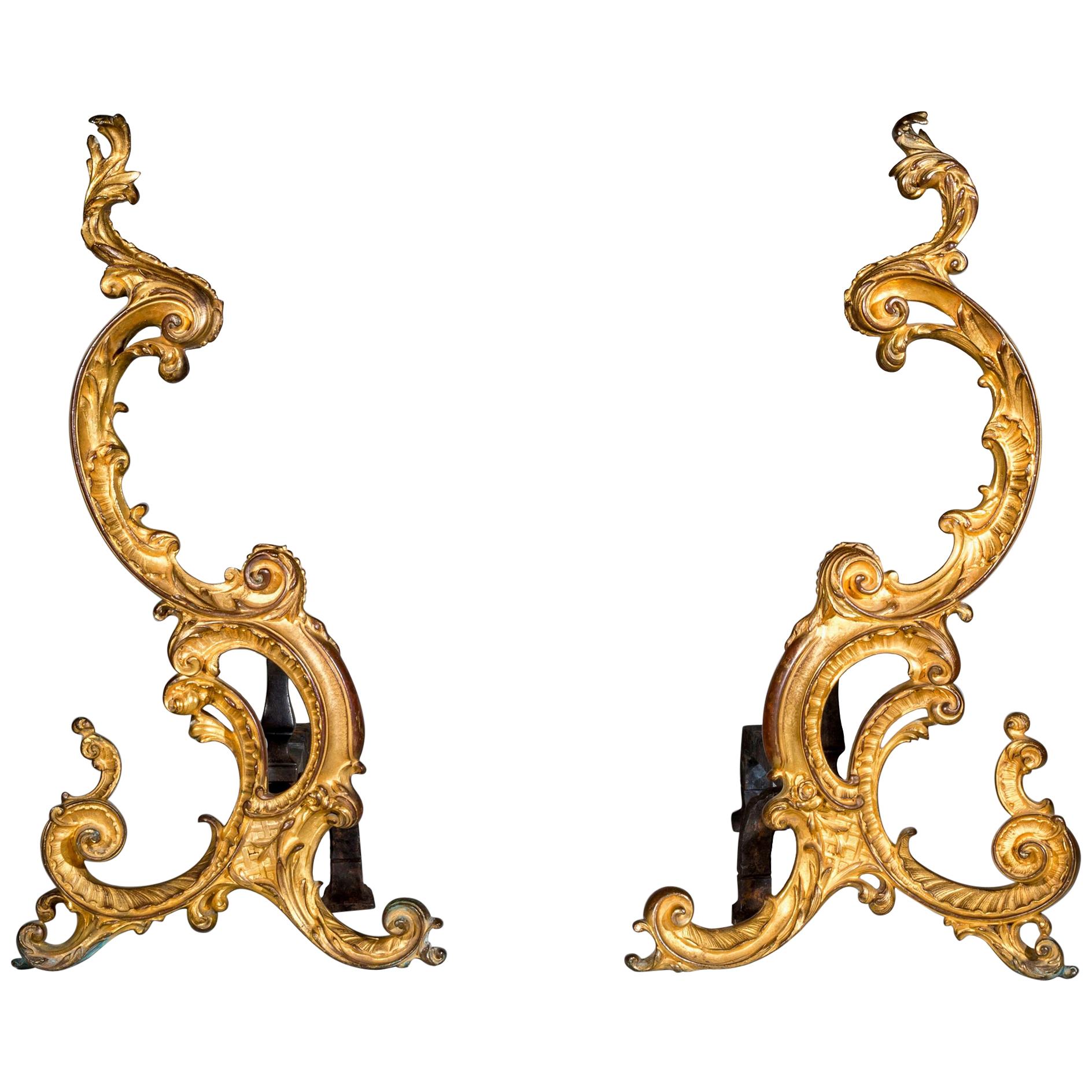 Pair of 18th Century Rococo Gilt Bronze Andirons, Firedogs, Ormolu Chenets For Sale