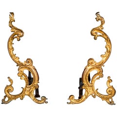 Pair of 18th Century Rococo Gilt Bronze Andirons, Firedogs, Ormolu Chenets