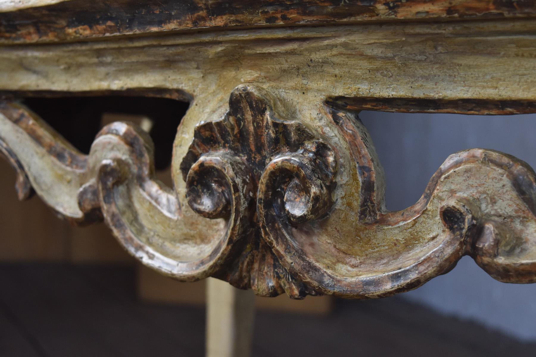 Pair of 18th Century Italian Rococo Painted Console Tables with Scagliola Tops For Sale 6