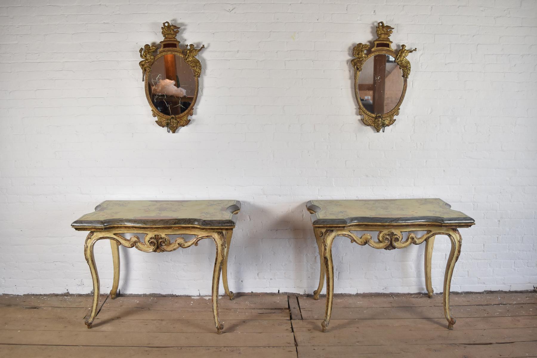 Pair of 18th Century Italian Rococo Painted Console Tables with Scagliola Tops In Good Condition For Sale In Troy, NY
