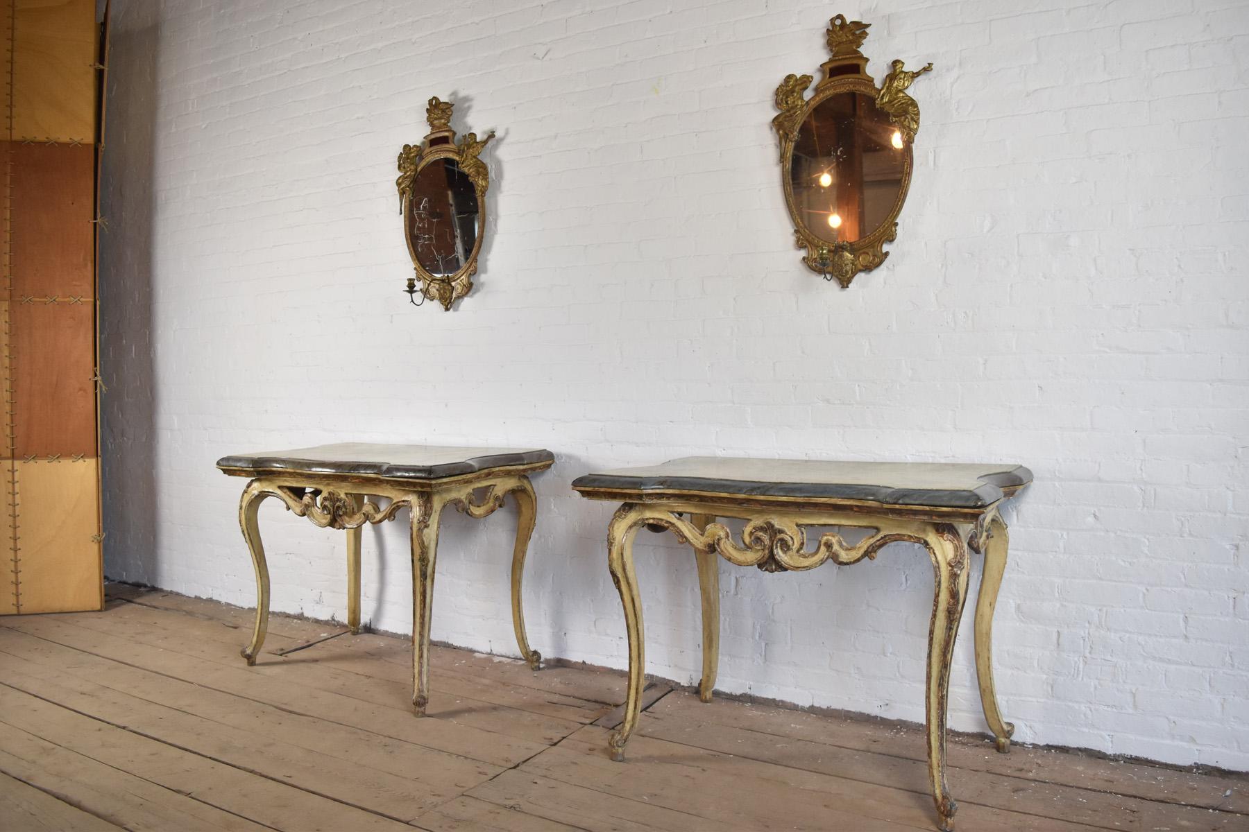 18th Century and Earlier Pair of 18th Century Italian Rococo Painted Console Tables with Scagliola Tops For Sale