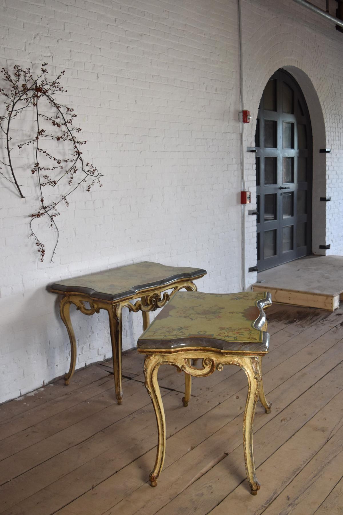 Pair of 18th Century Italian Rococo Painted Console Tables with Scagliola Tops For Sale 1