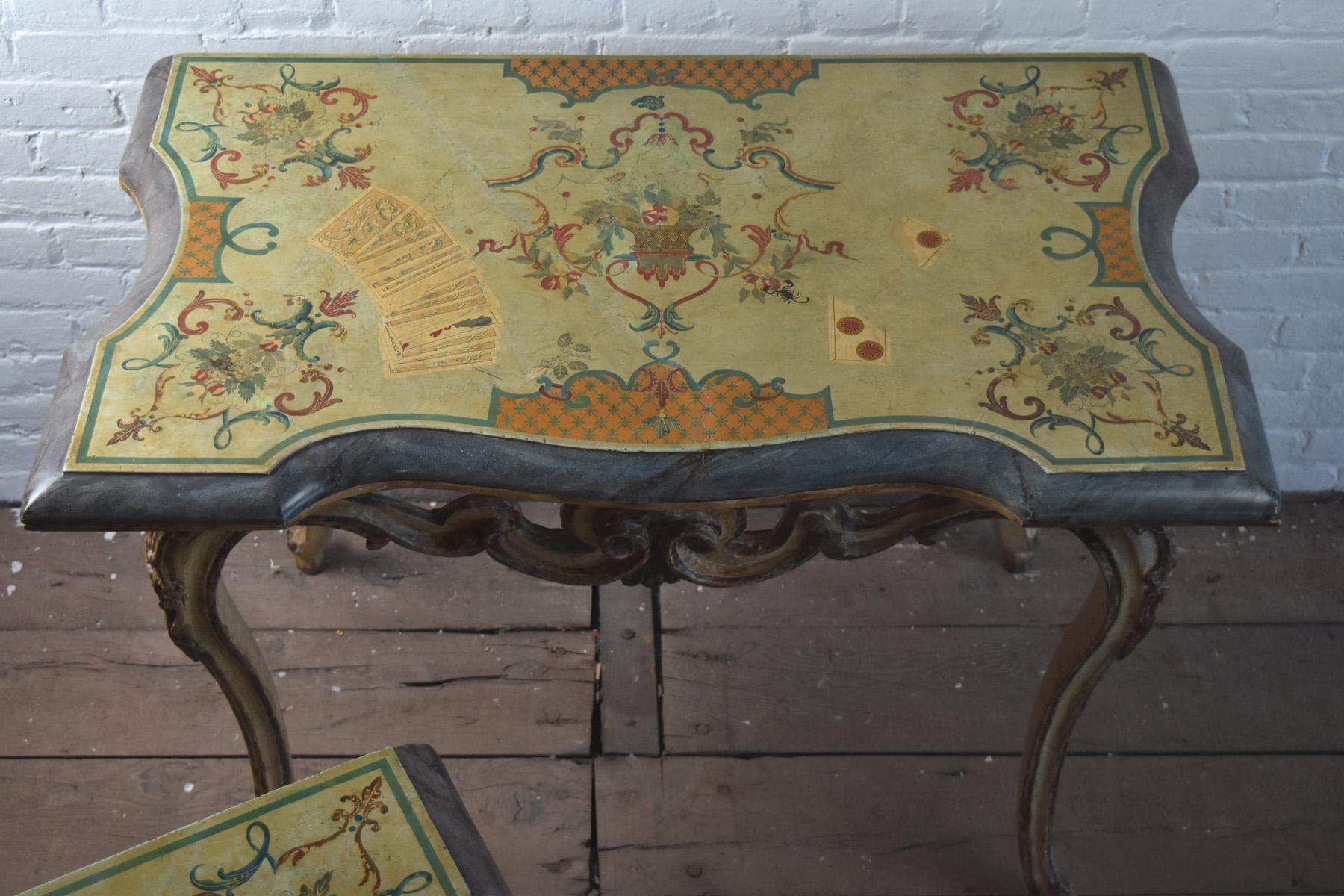 Pair of 18th Century Italian Rococo Painted Console Tables with Scagliola Tops For Sale 3