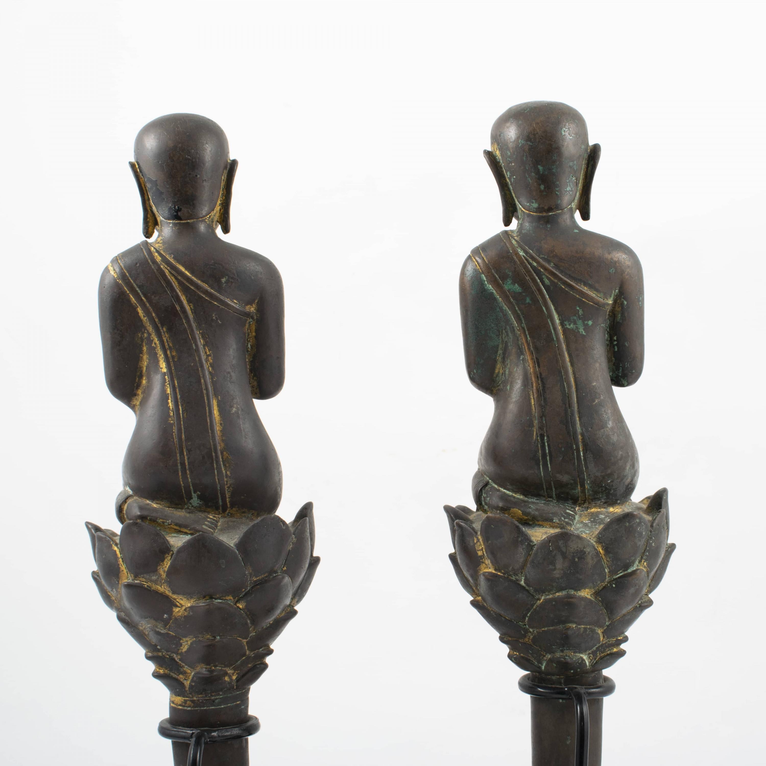 18th Century and Earlier Pair of 18th Century Siamese Bronze Procession Praying Monks