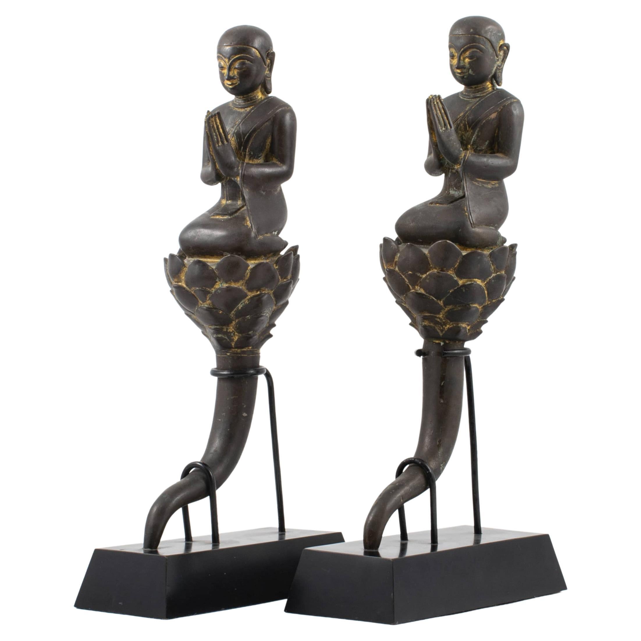 Pair of 18th Century Siamese Bronze Procession Praying Monks