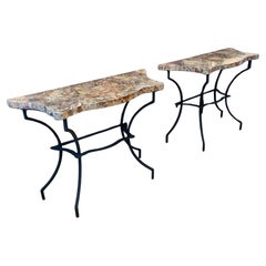 Pair of 18th Century Sicilian Jasper Marble Table Tops on Wrought Iron Bases