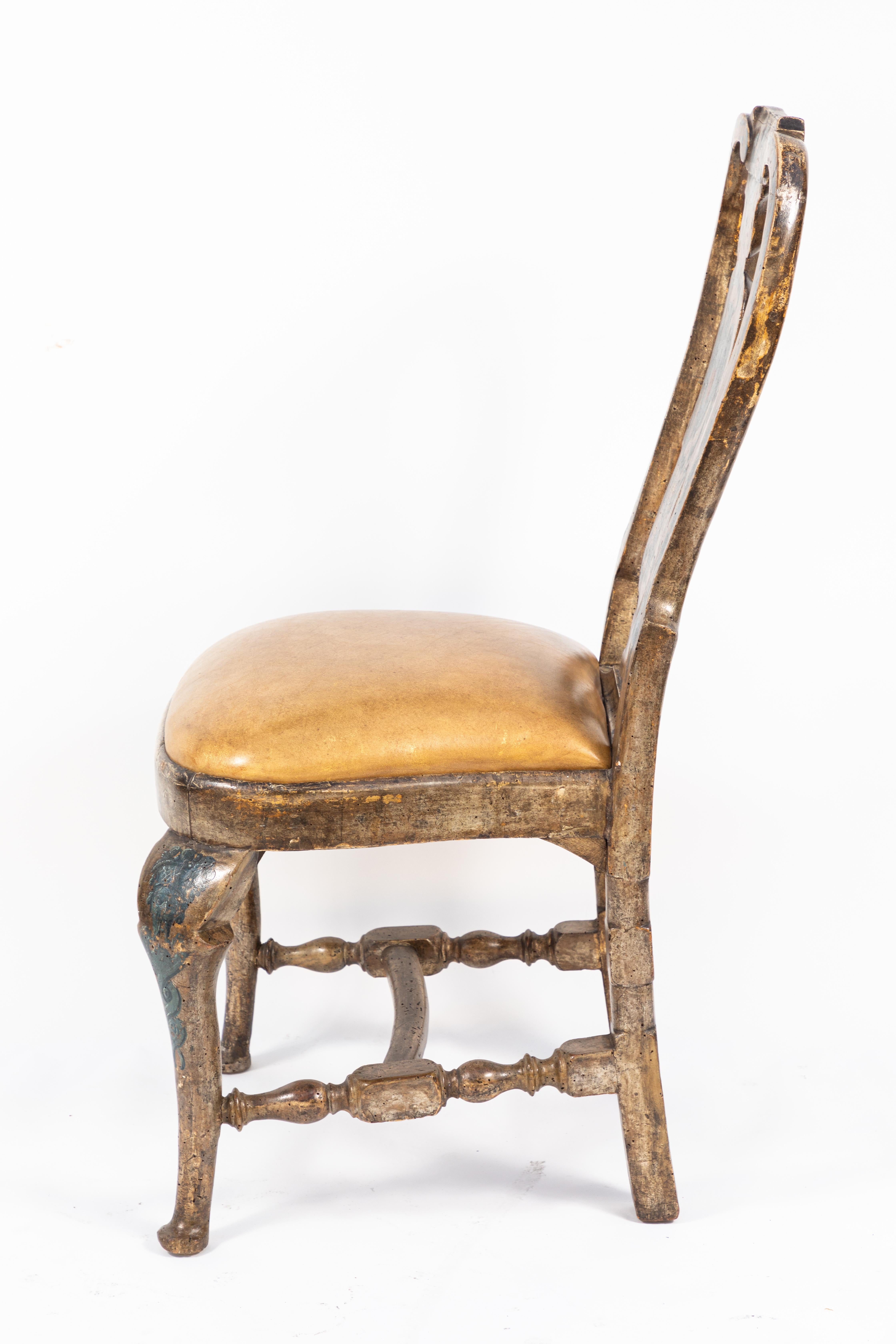 Pair of 18th Century Silver Leaf and Painted Venetian Side Chairs For Sale 2