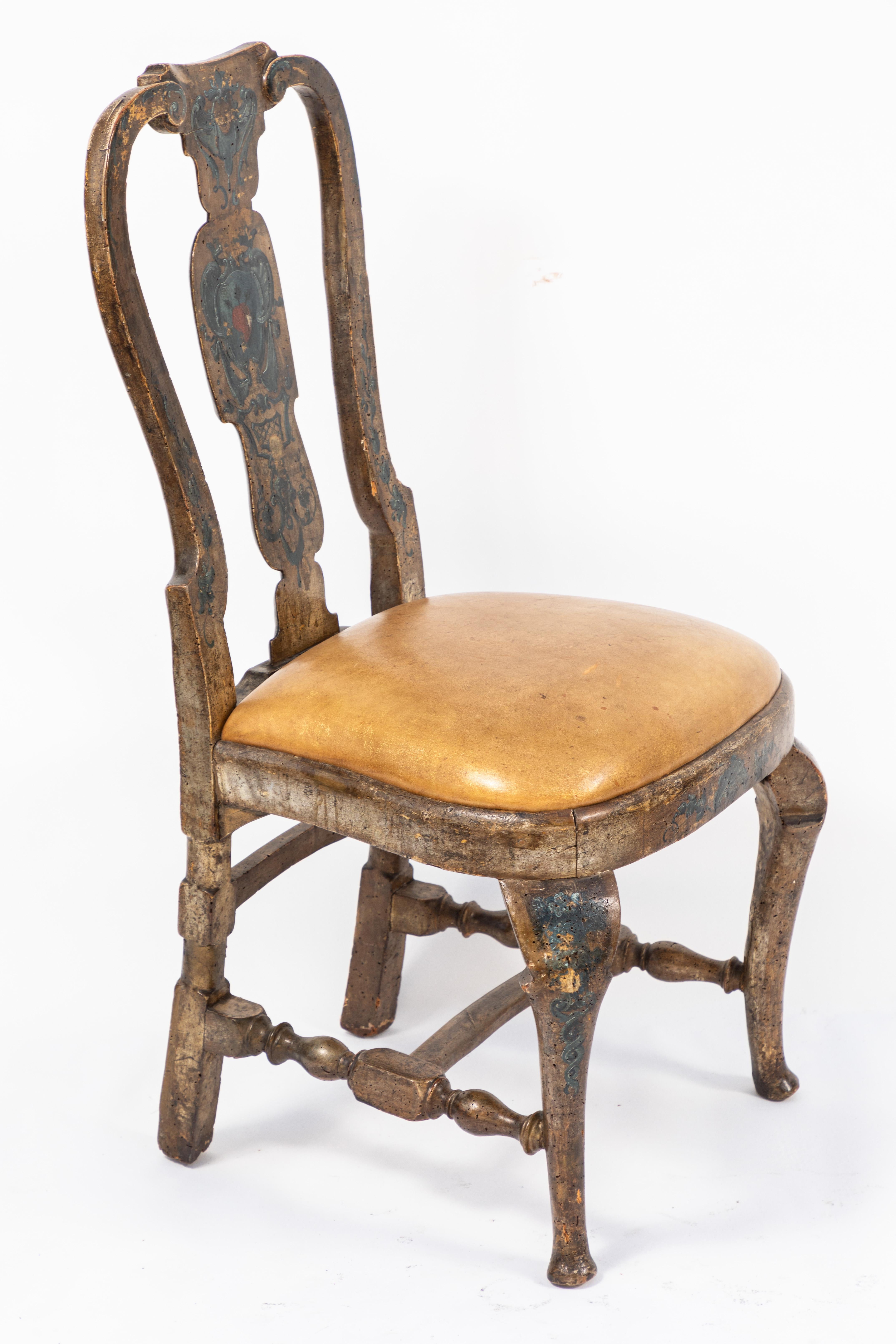Hand-Carved Pair of 18th Century Silver Leaf and Painted Venetian Side Chairs For Sale