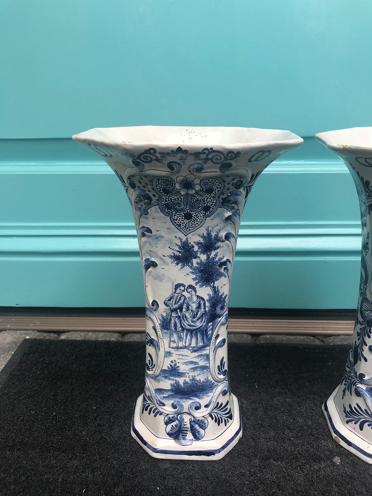 18th Century and Earlier Pair of 18th Century Soft Glazed Delft Vases, Marked JV