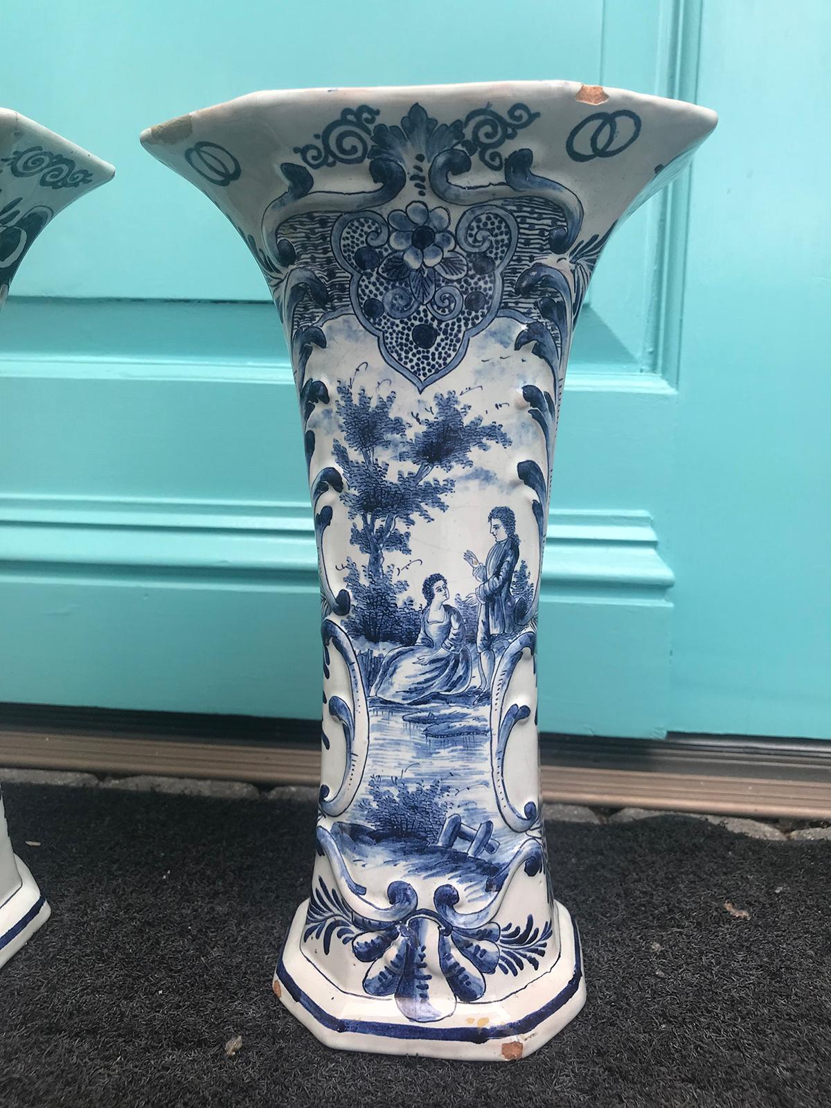 Pair of 18th Century Soft Glazed Delft Vases, Marked JV 3