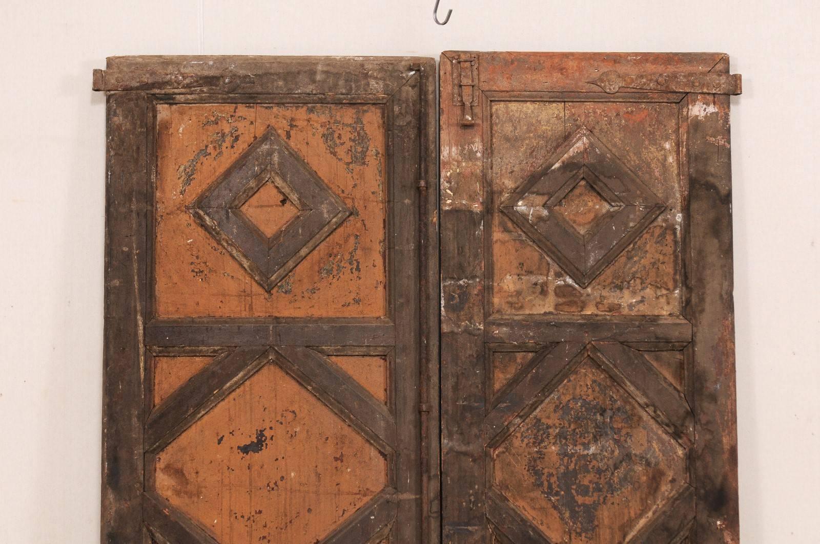 Rustic Pair of 18th Century Spanish Carved Wood Doors with Nice Molded Diamond Pattern