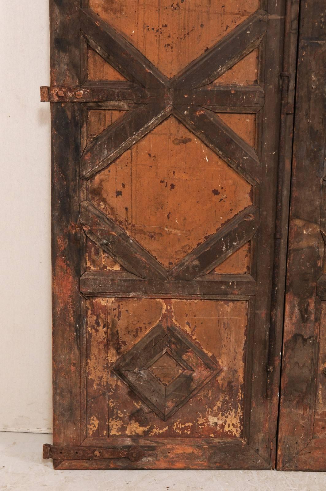 Iron Pair of 18th Century Spanish Carved Wood Doors with Nice Molded Diamond Pattern