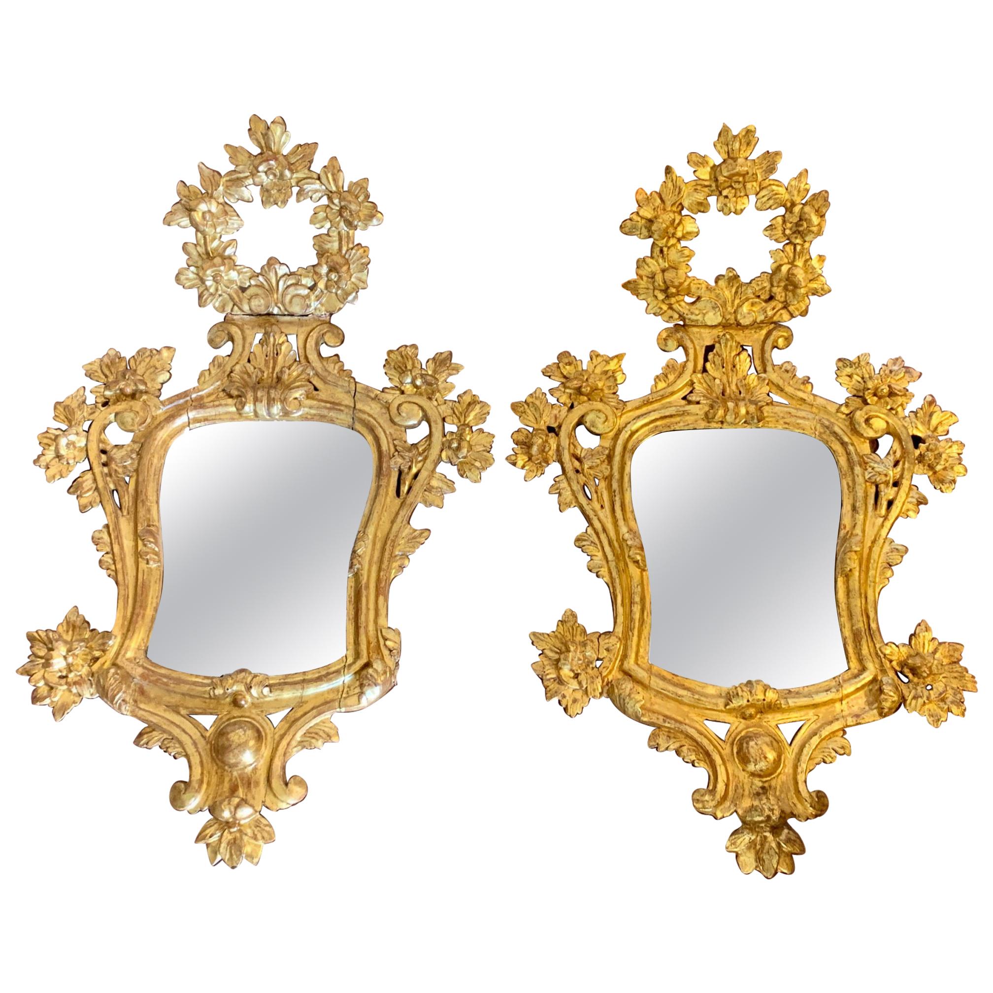 Pair of 18th Century Spanish Charles III Carved Gilded Wood Mirrors For Sale