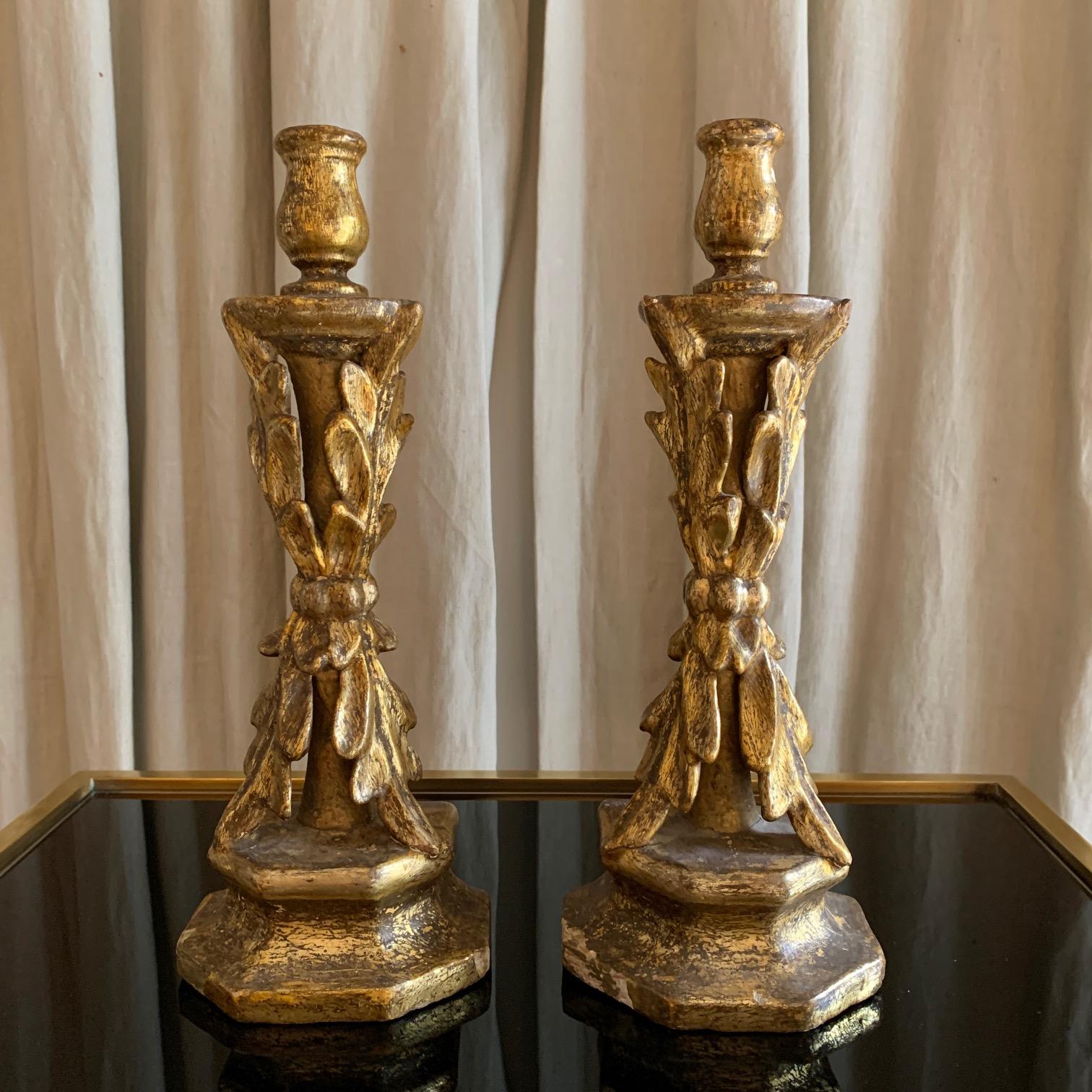 Pair of 18th Century Spanish Giltwood Hand Crved Candlestick 8
