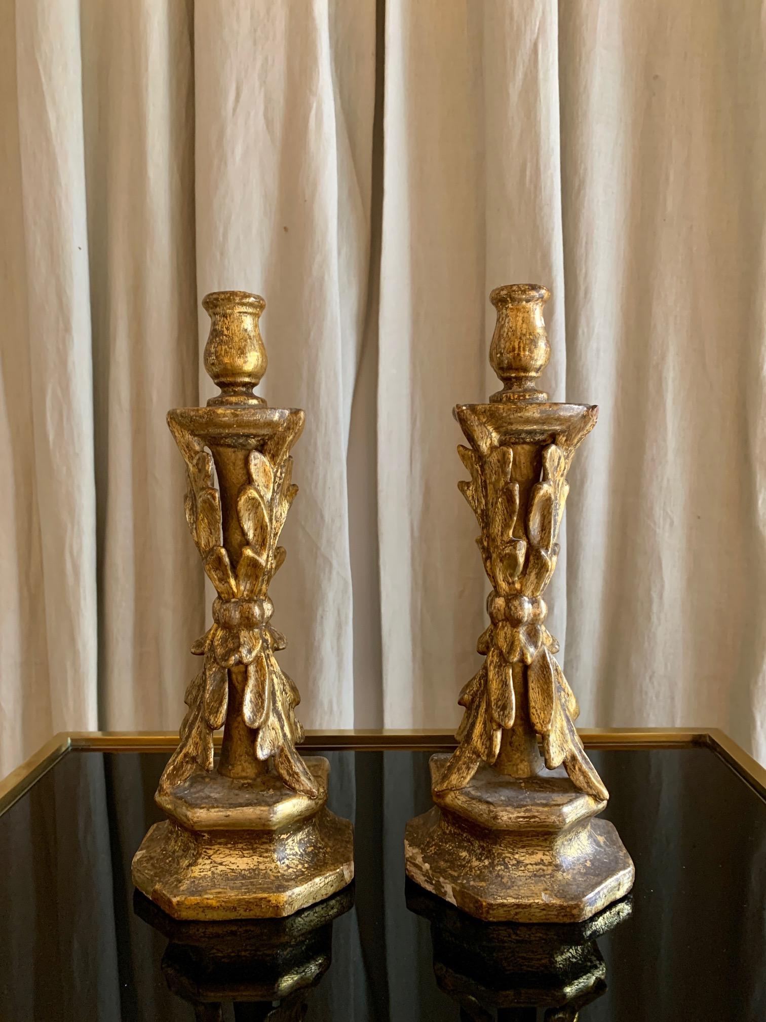 Pair of 18th Century Spanish Giltwood Hand Crved Candlestick 9
