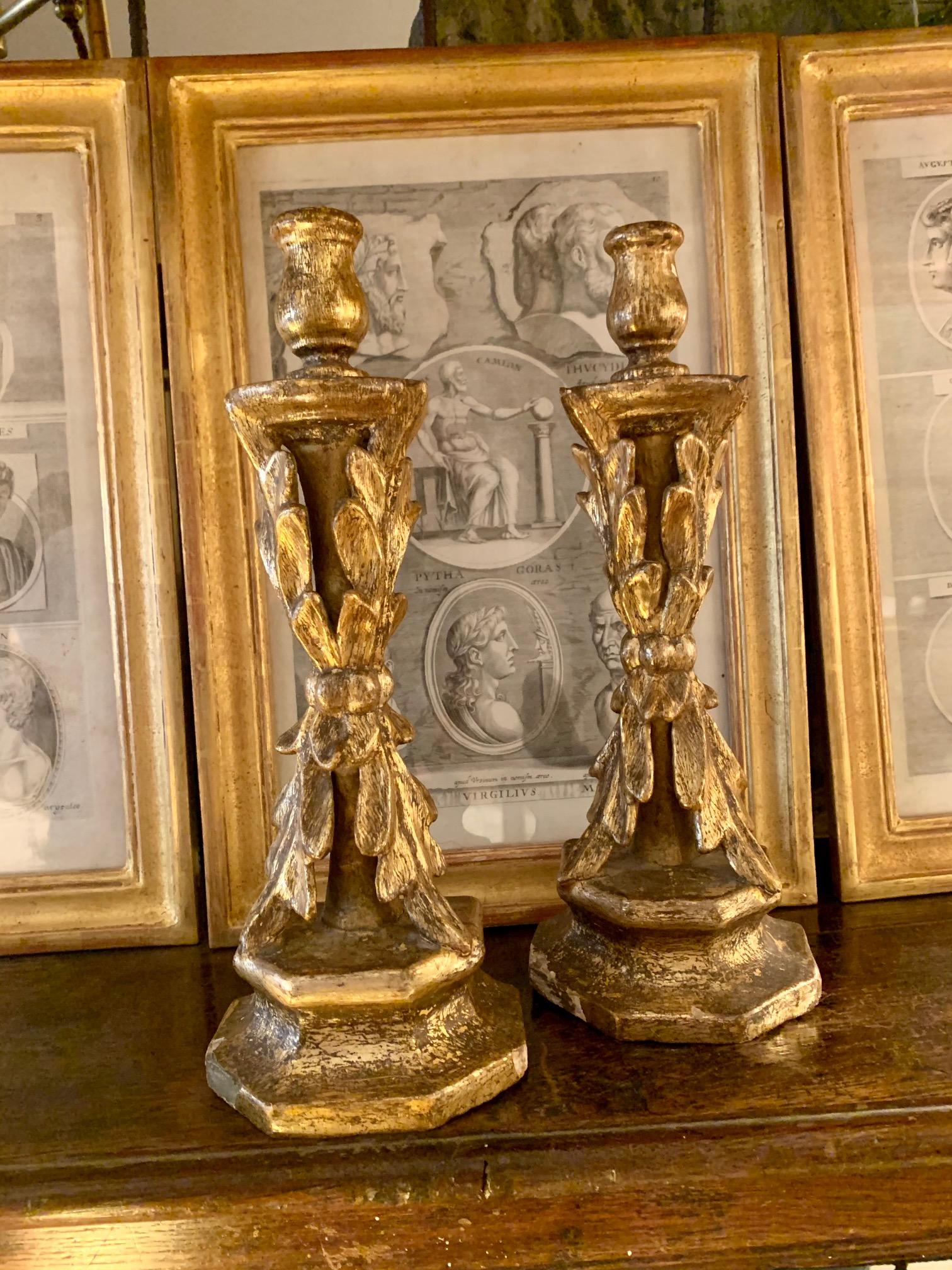 Baroque Pair of 18th Century Spanish Giltwood Hand Crved Candlestick