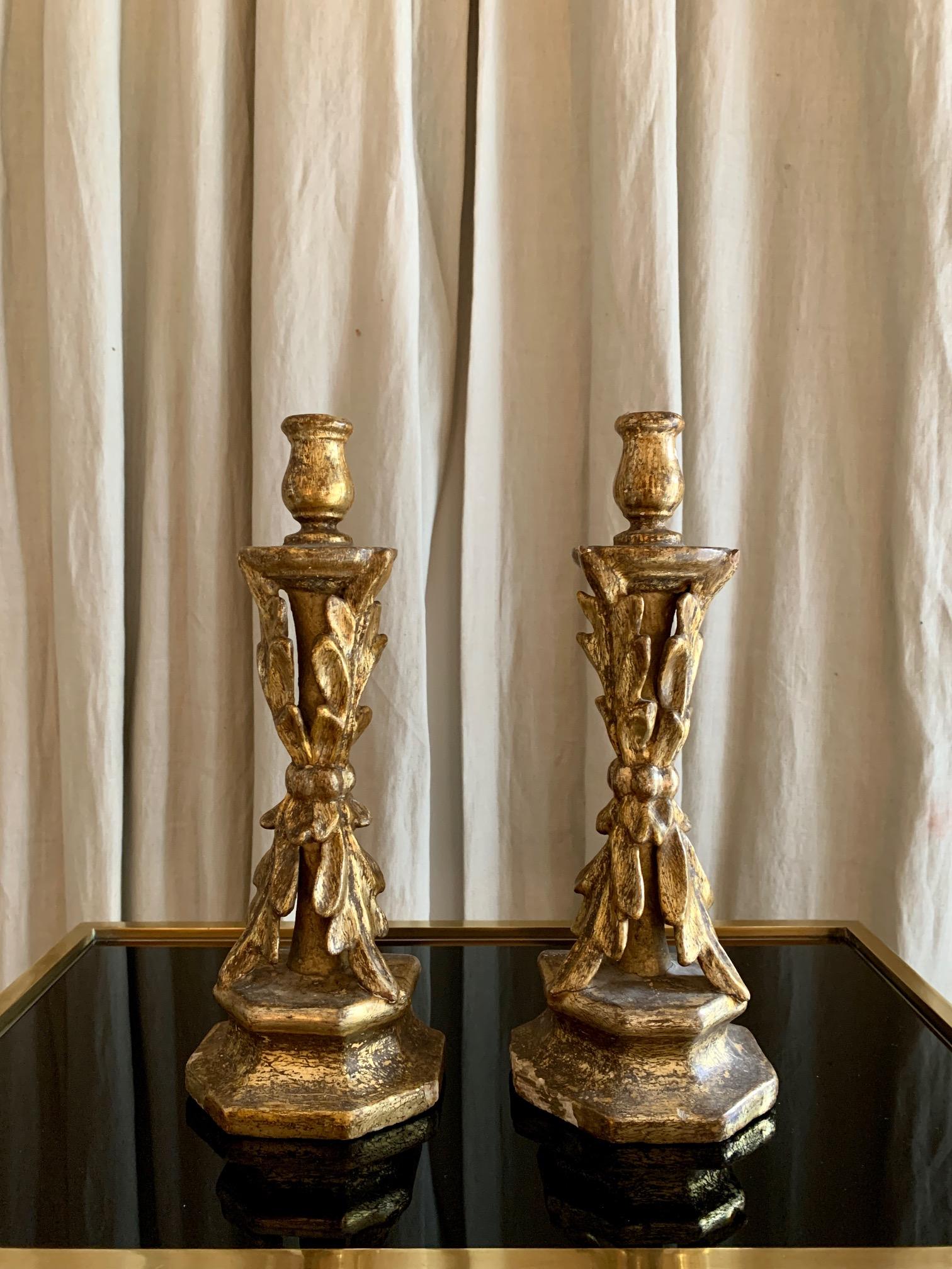 Hand-Carved Pair of 18th Century Spanish Giltwood Hand Crved Candlestick