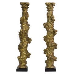 Pair of 18th Century Spanish Hand Carved Wooden Columns