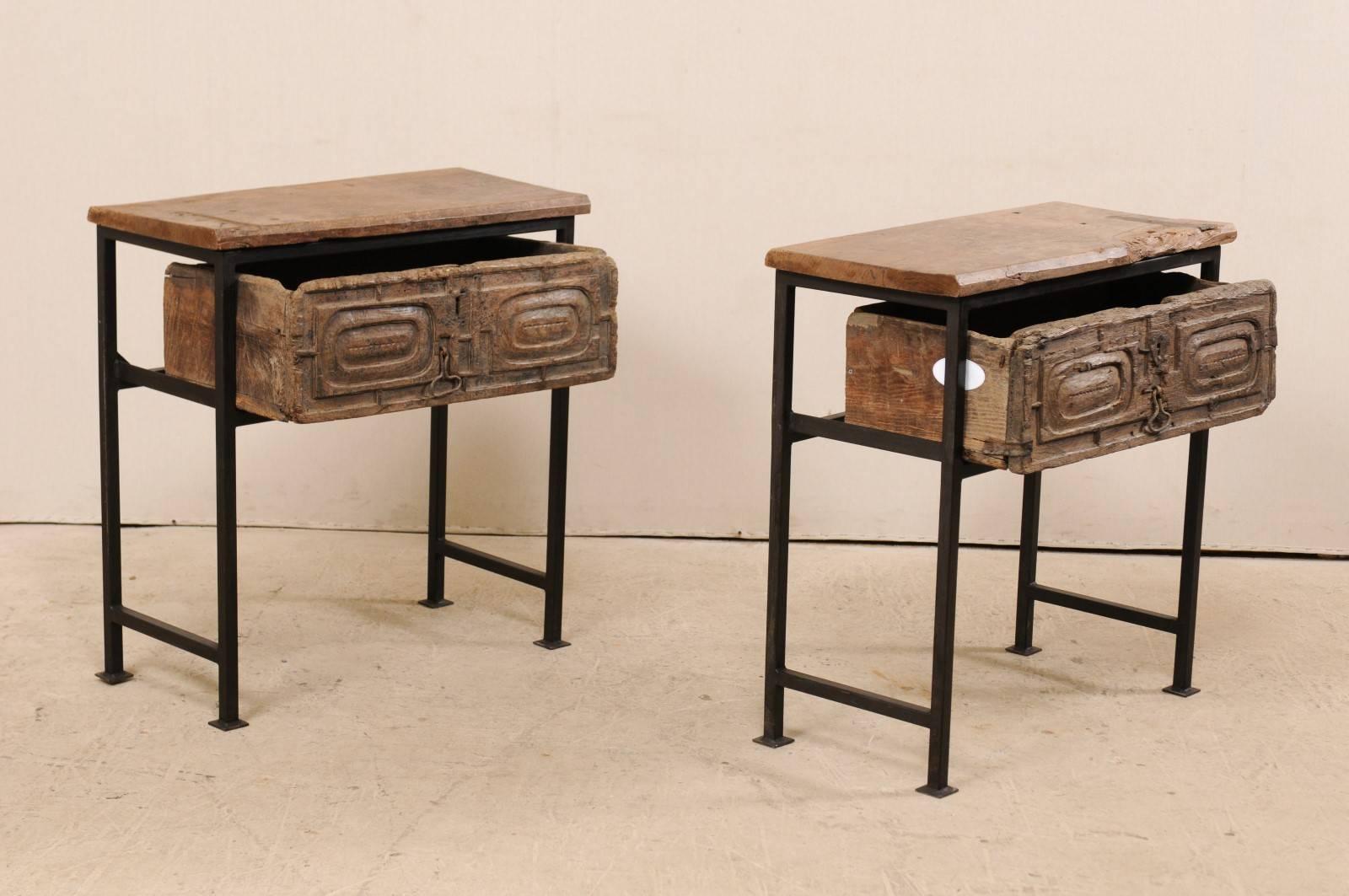 Pair of 18th Century Spanish Rustic Carved Wood and Iron Tables 1