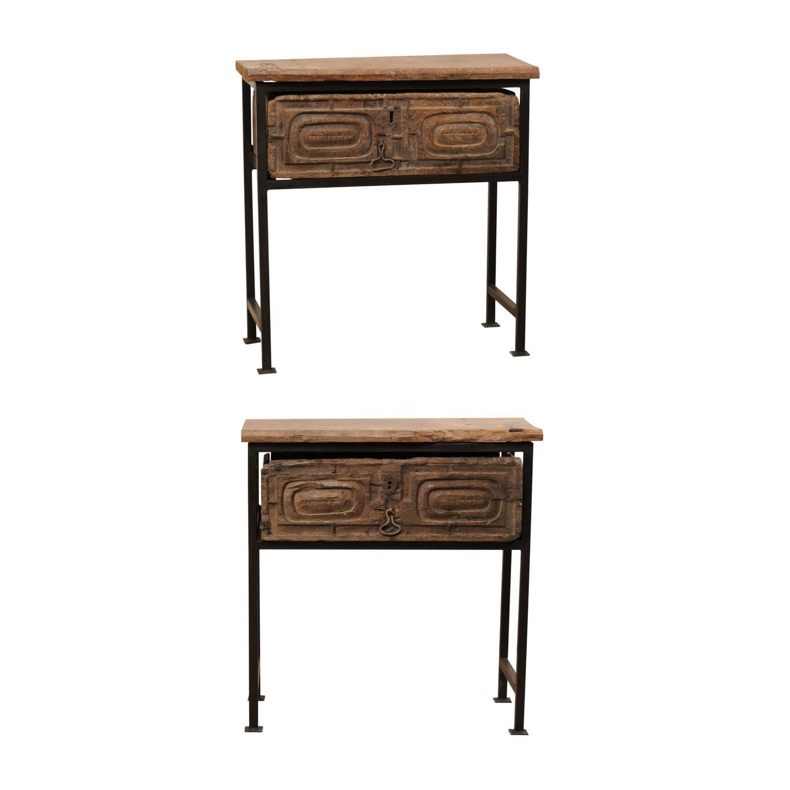 Pair of 18th Century Spanish Rustic Carved Wood and Iron Tables