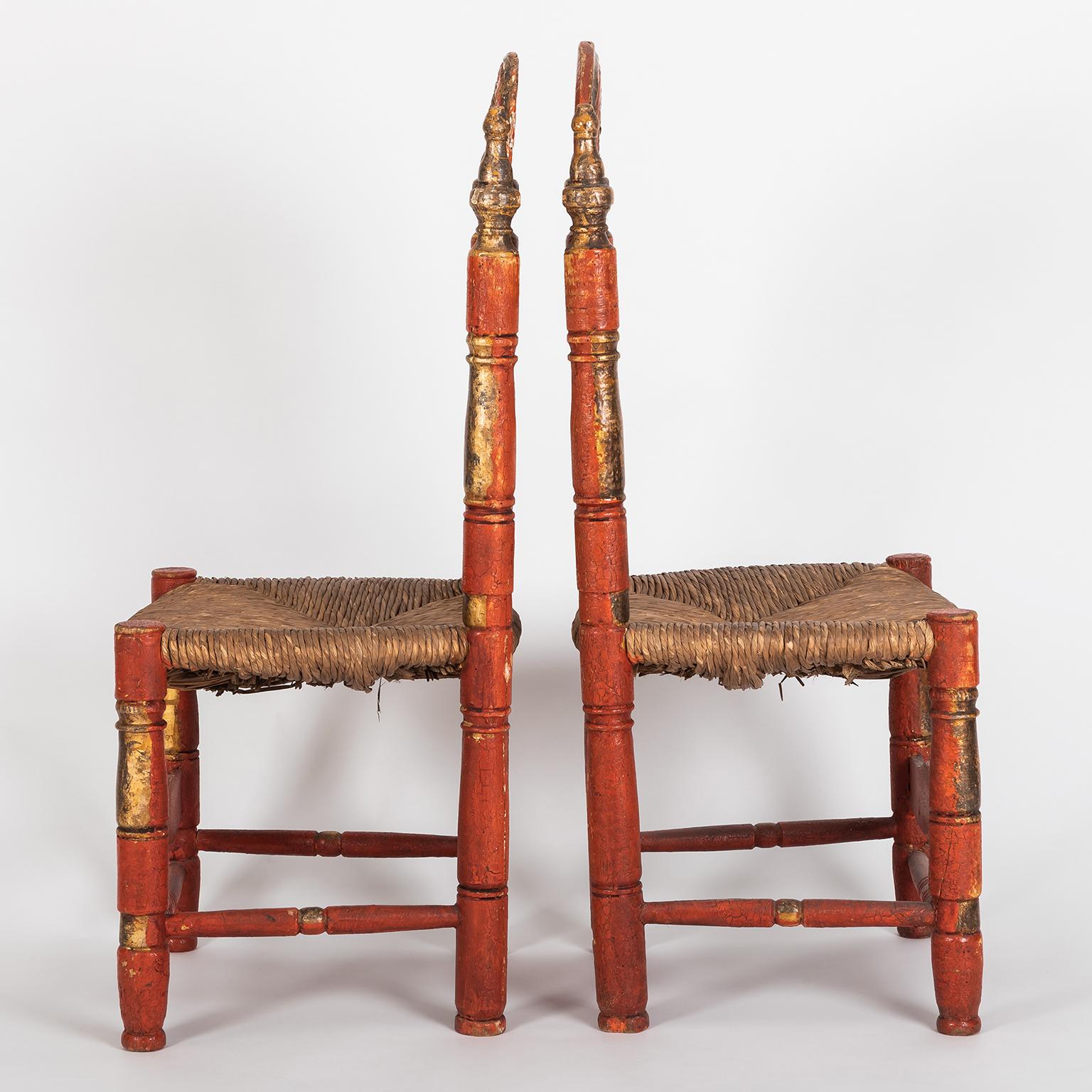 Spanish Colonial Pair of 18th Century Spanish Style Ladder Back Painted Chairs with Rush Seats