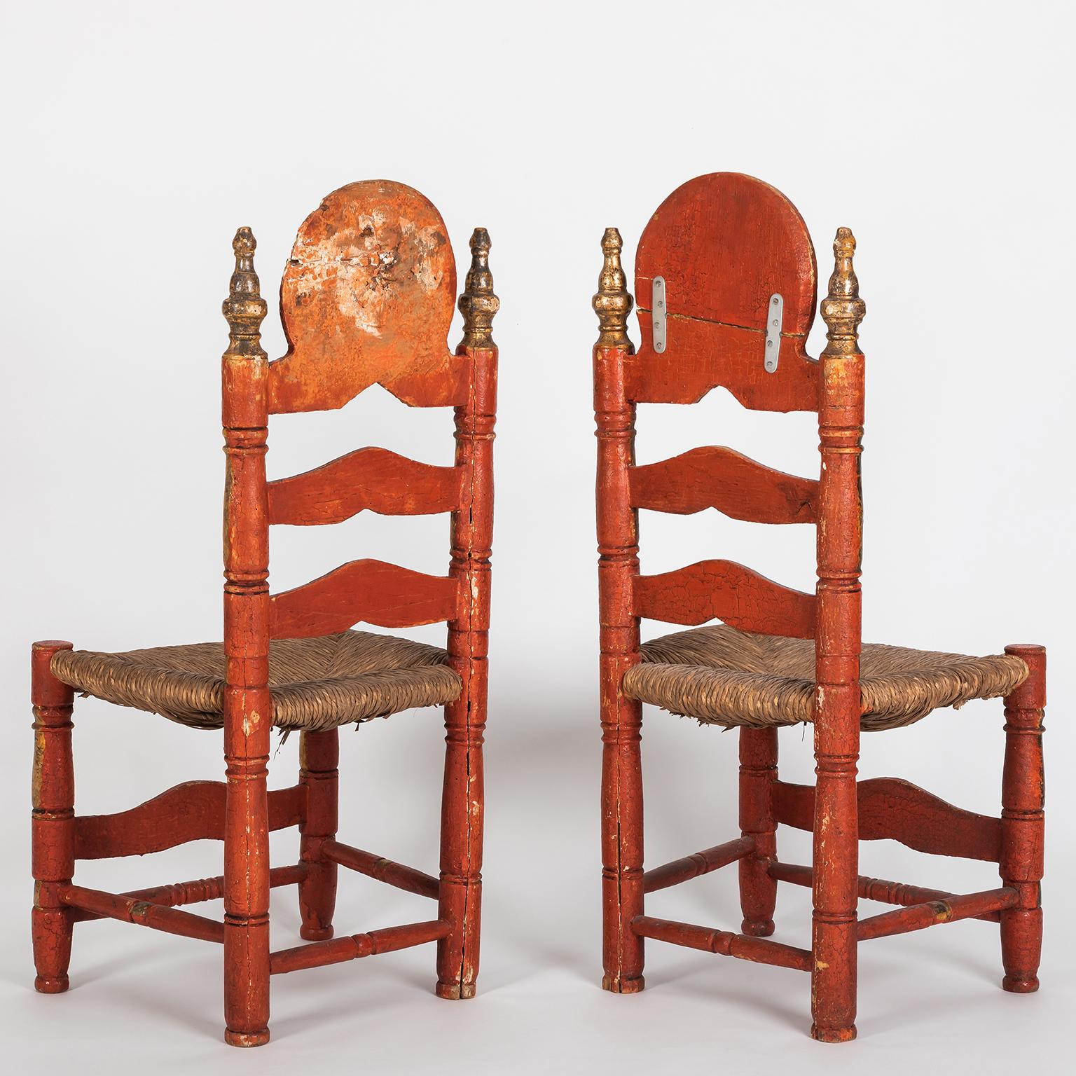 Hand-Carved Pair of 18th Century Spanish Style Ladder Back Painted Chairs with Rush Seats