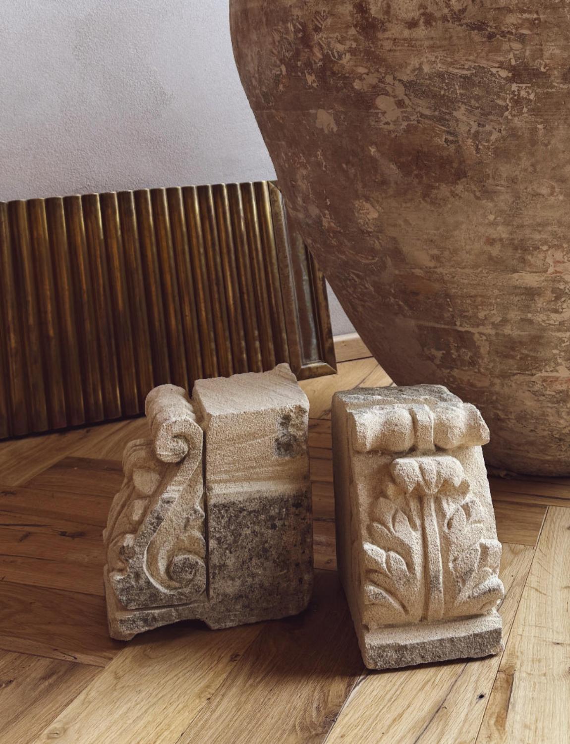 Sandstone Pair of 18th Century Stone Decorative Plinths from Noto
