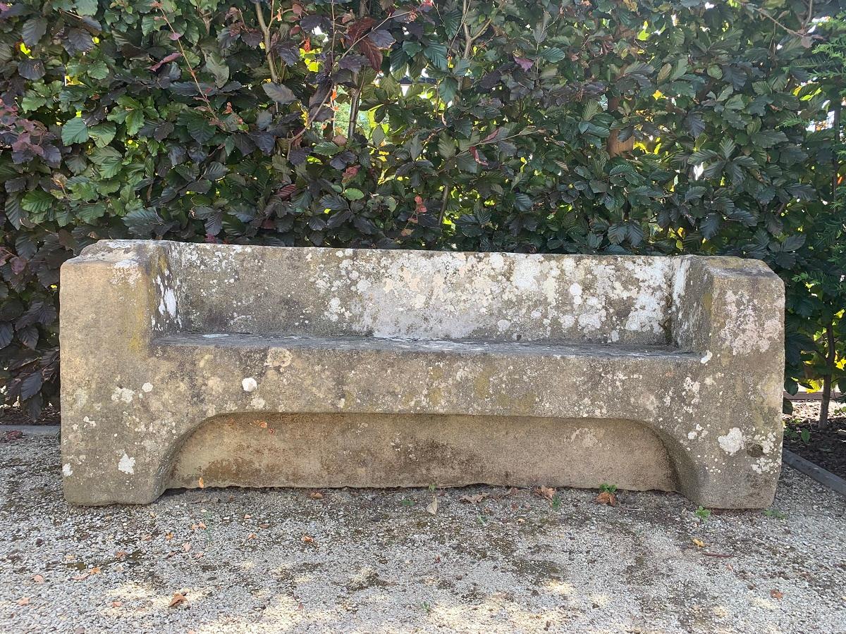A pair of 18th century French sandstone garden benches. Great proportions and patina, beautiful moss patina.