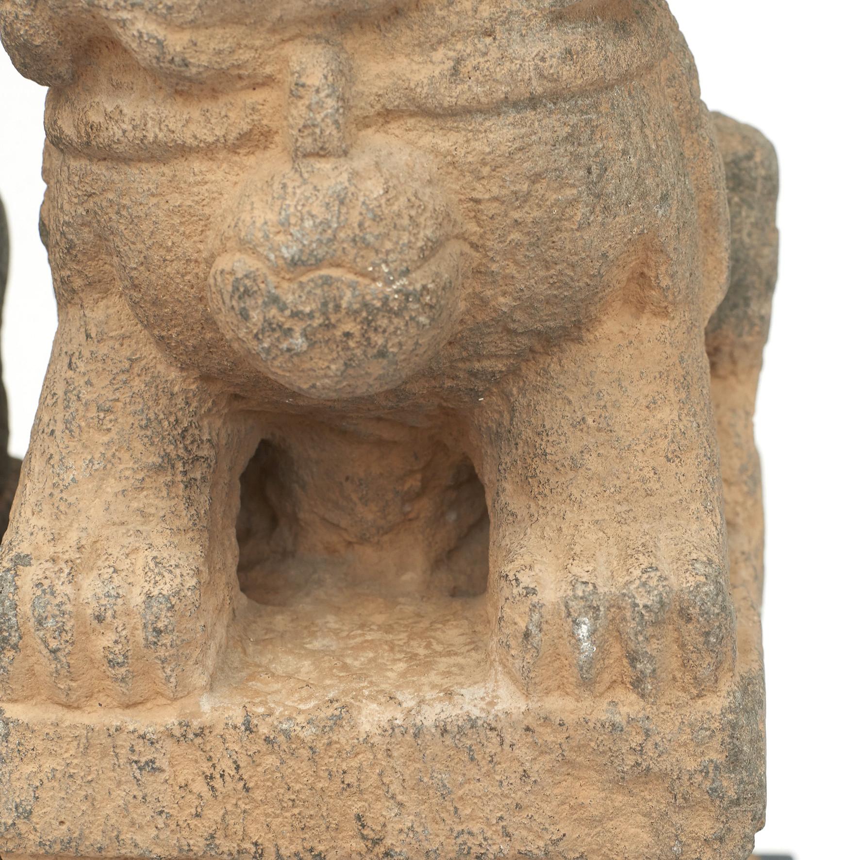 Asian Pair of 18th Century Stone Temple Lion Sculptures