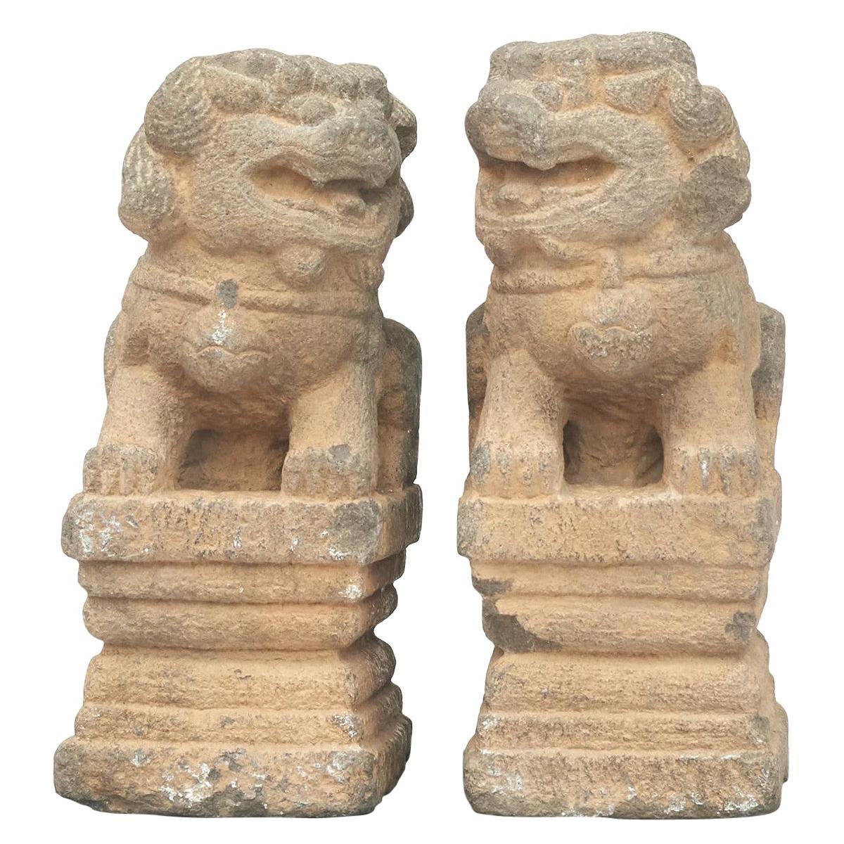 Pair of 18th Century Stone Temple Lion Sculptures