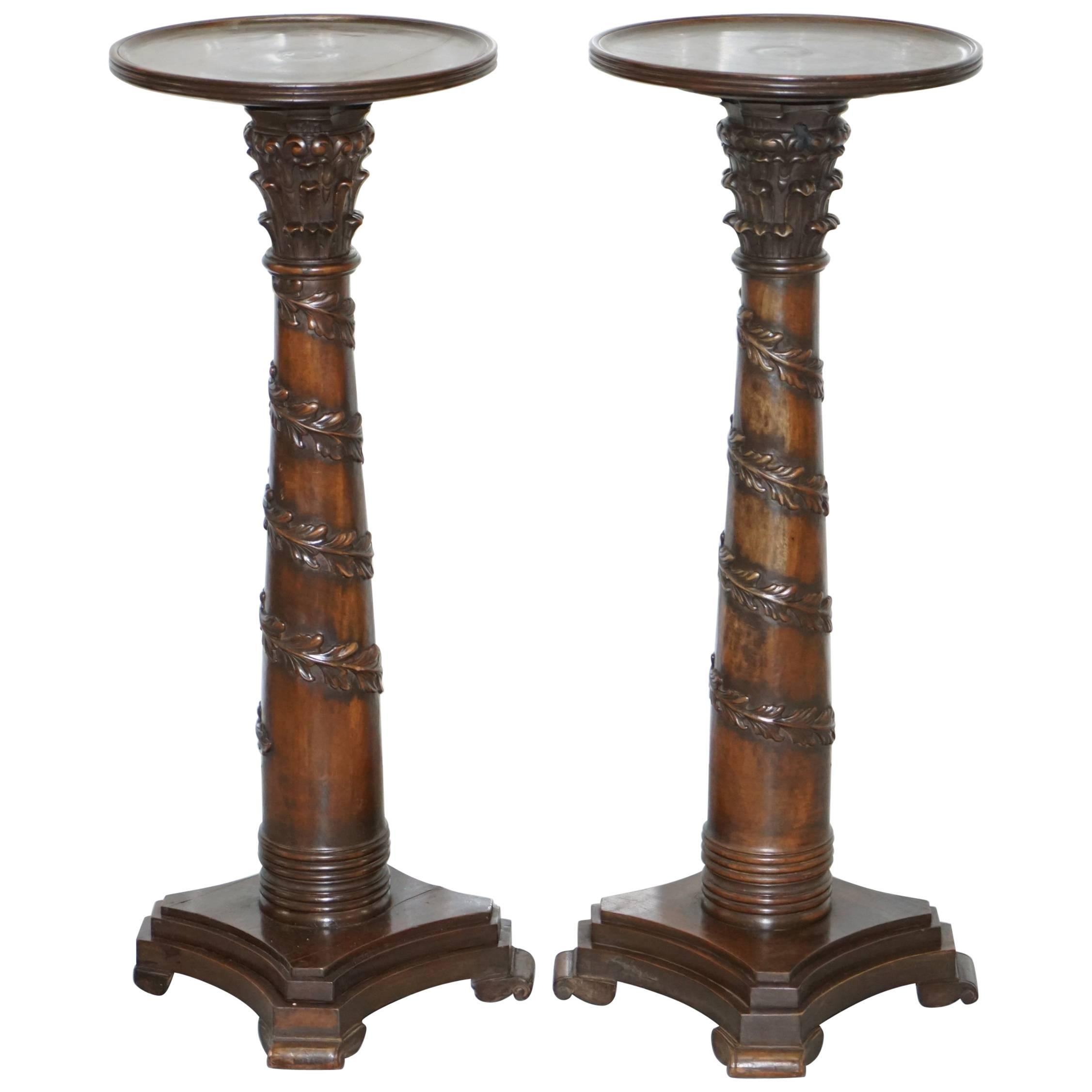 Pair of 18th Century Style Mahogany Jardiniere Display Stands Hand-Carved